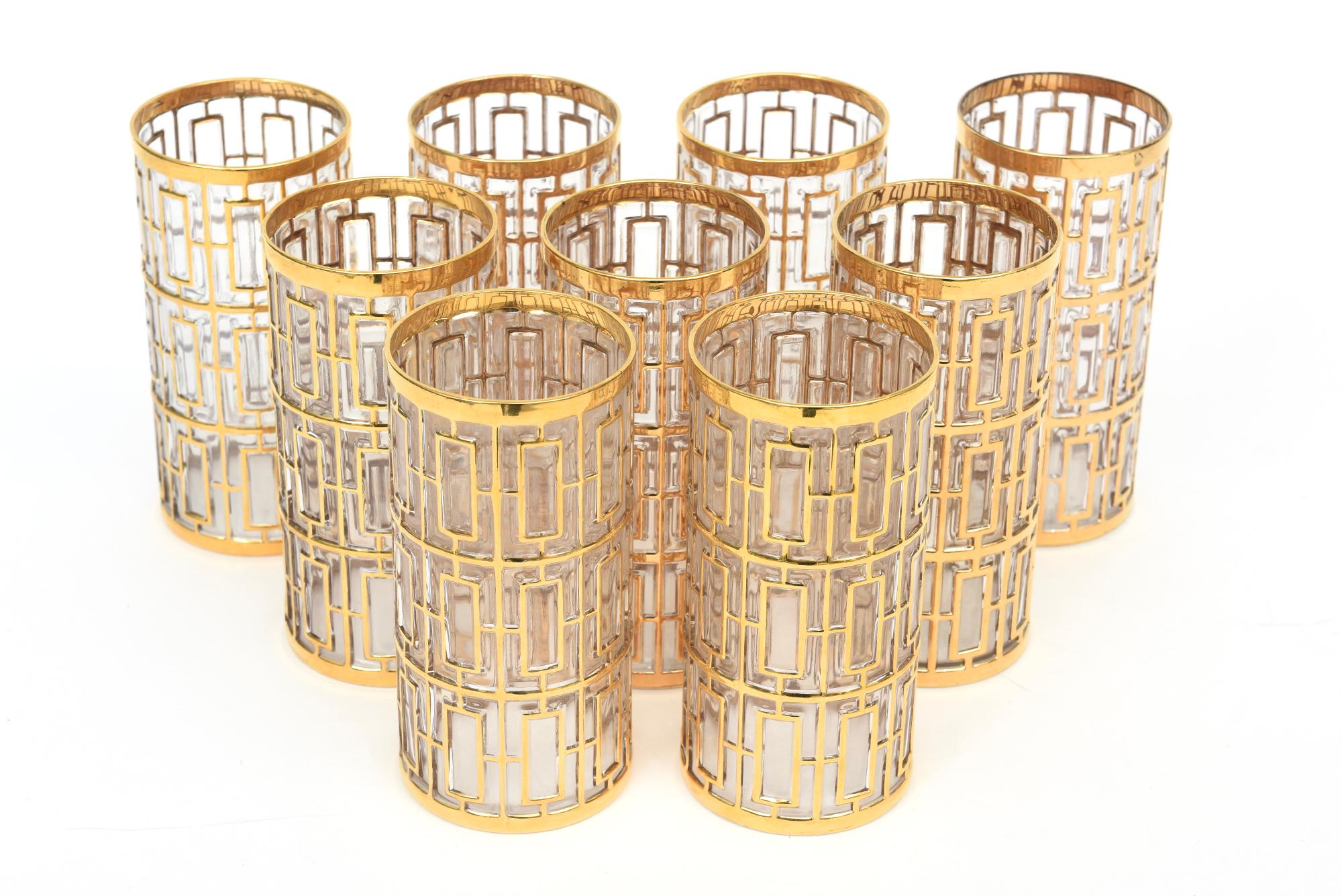 Mid-Century Modern Ensemble de 9 verres de bar à superposition d'or 22 carats Shoji Trellis Screen Highball en vente