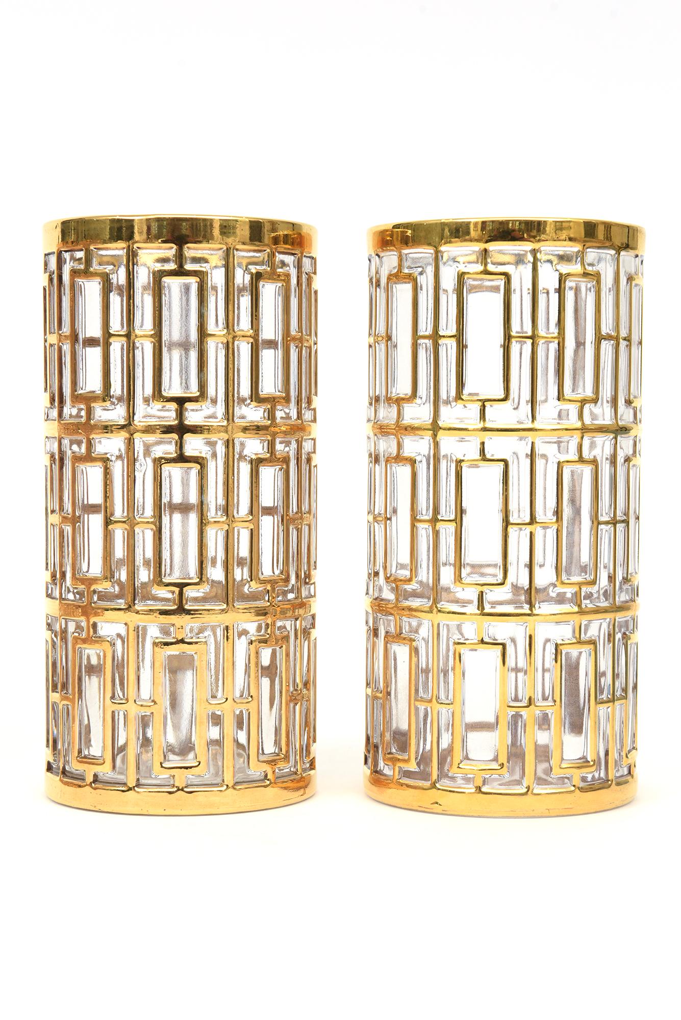 Nord-américain Ensemble de 9 verres de bar à superposition d'or 22 carats Shoji Trellis Screen Highball en vente