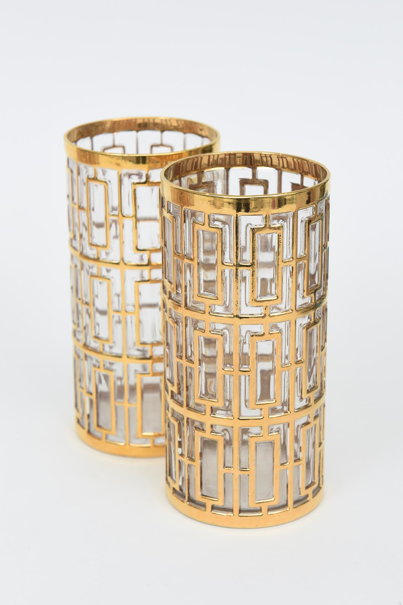 Ensemble de 9 verres de bar à superposition d'or 22 carats Shoji Trellis Screen Highball Bon état - En vente à North Miami, FL