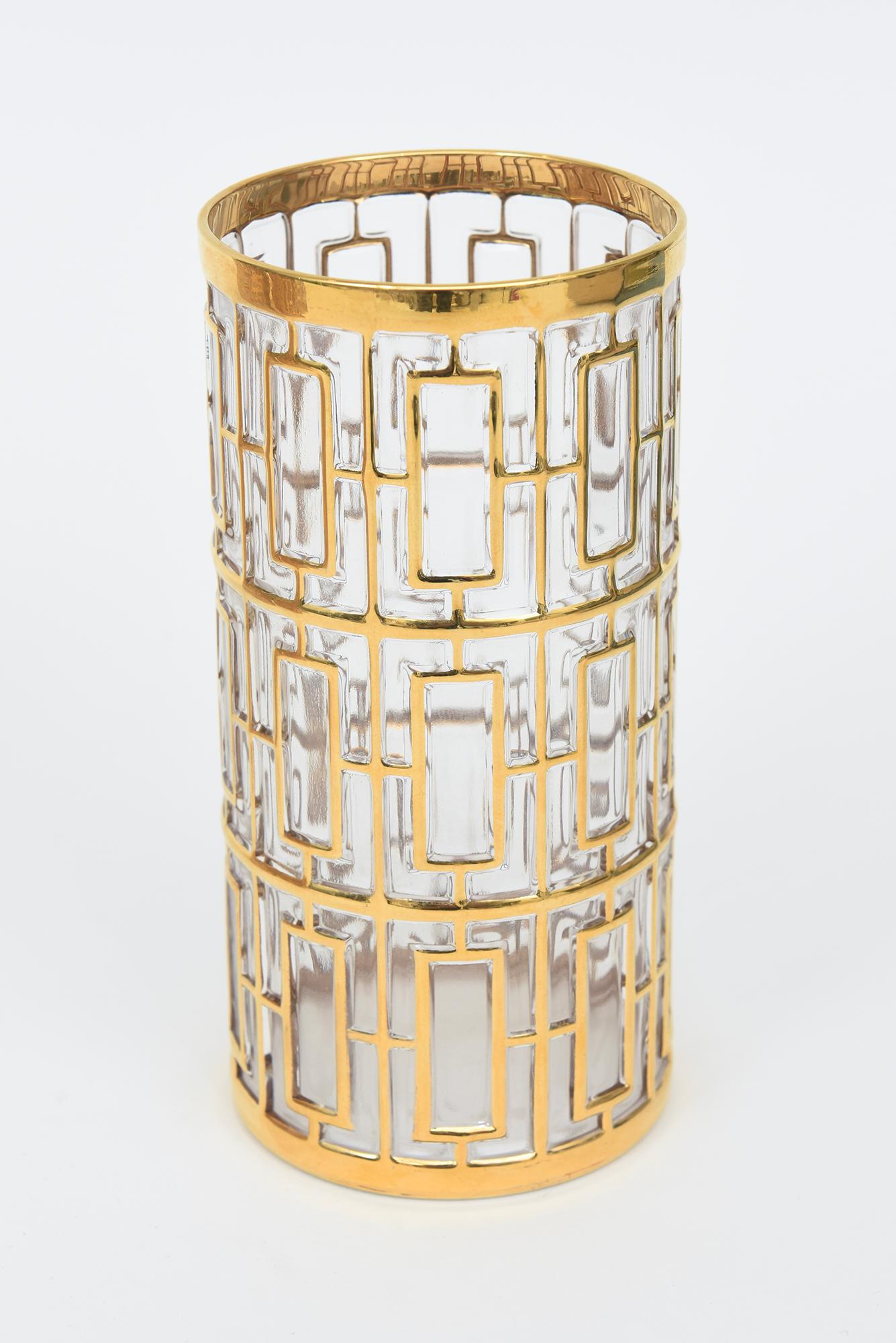 Milieu du XXe siècle Ensemble de 9 verres de bar à superposition d'or 22 carats Shoji Trellis Screen Highball en vente