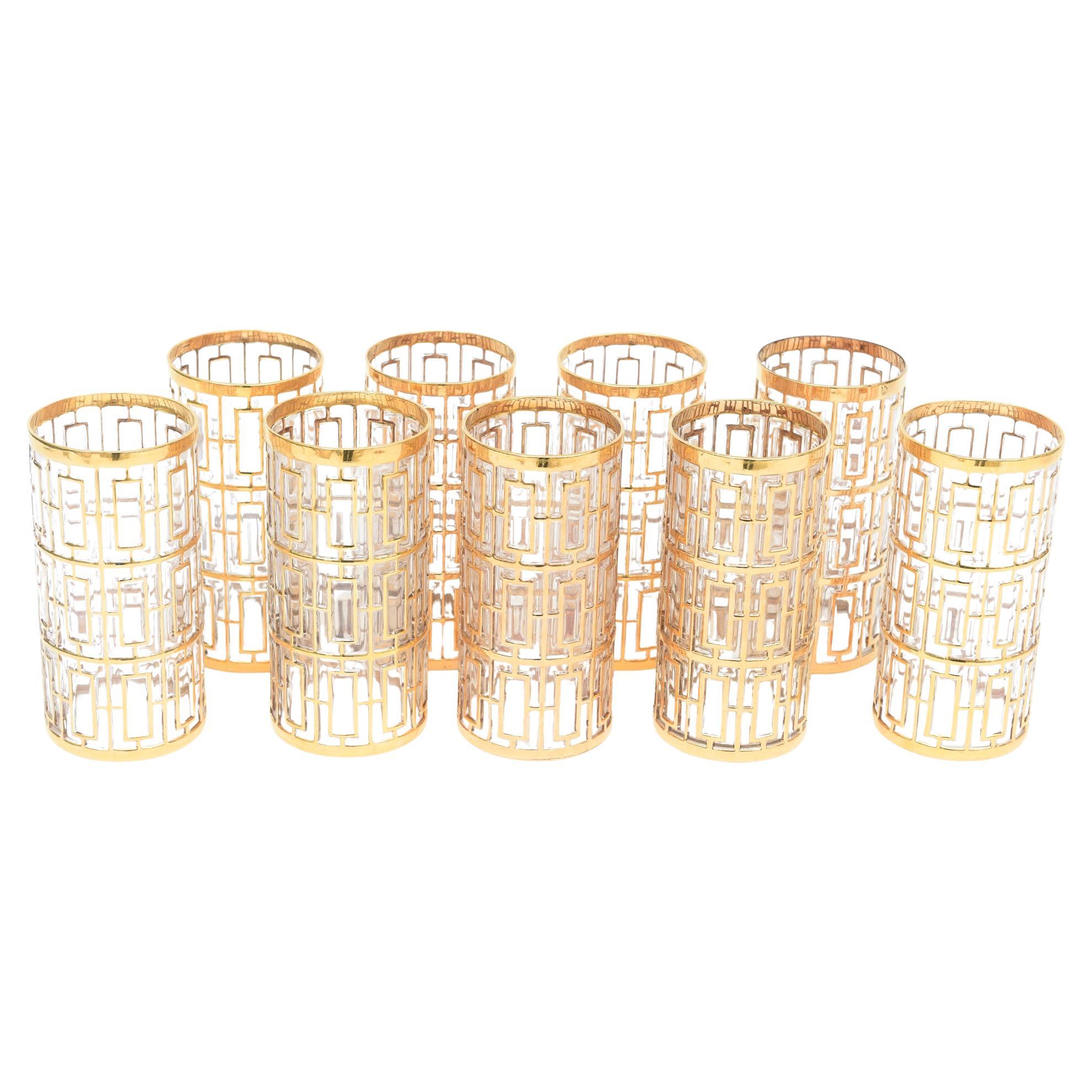 Juego de 9 copas Highball con pantalla Shoji Trellis Vintage de oro de 22 quilates superpuesto