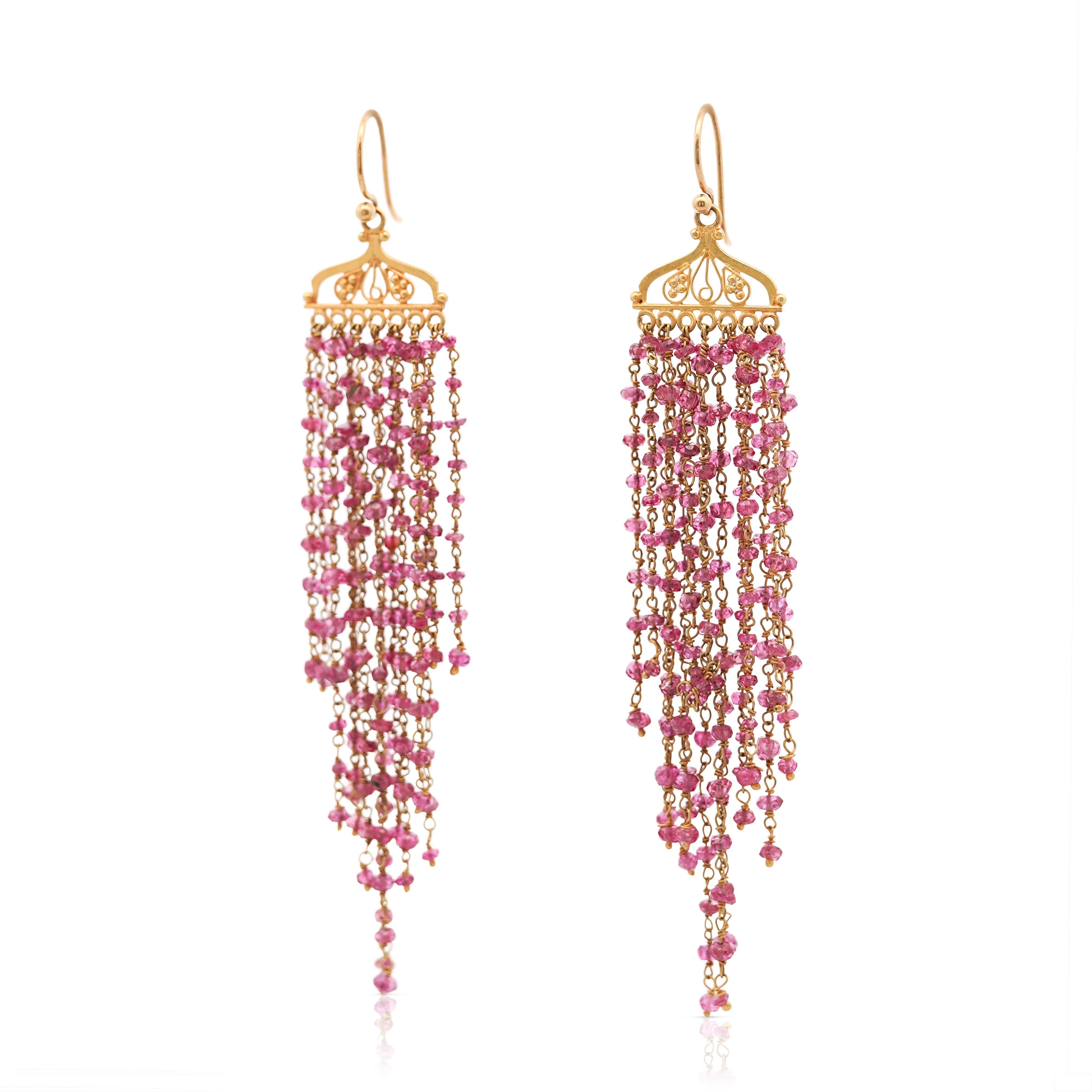 Women's Vintage 22K Gold Pink Tourmaline Bead Indian Chandelier Drop Earrings For Sale