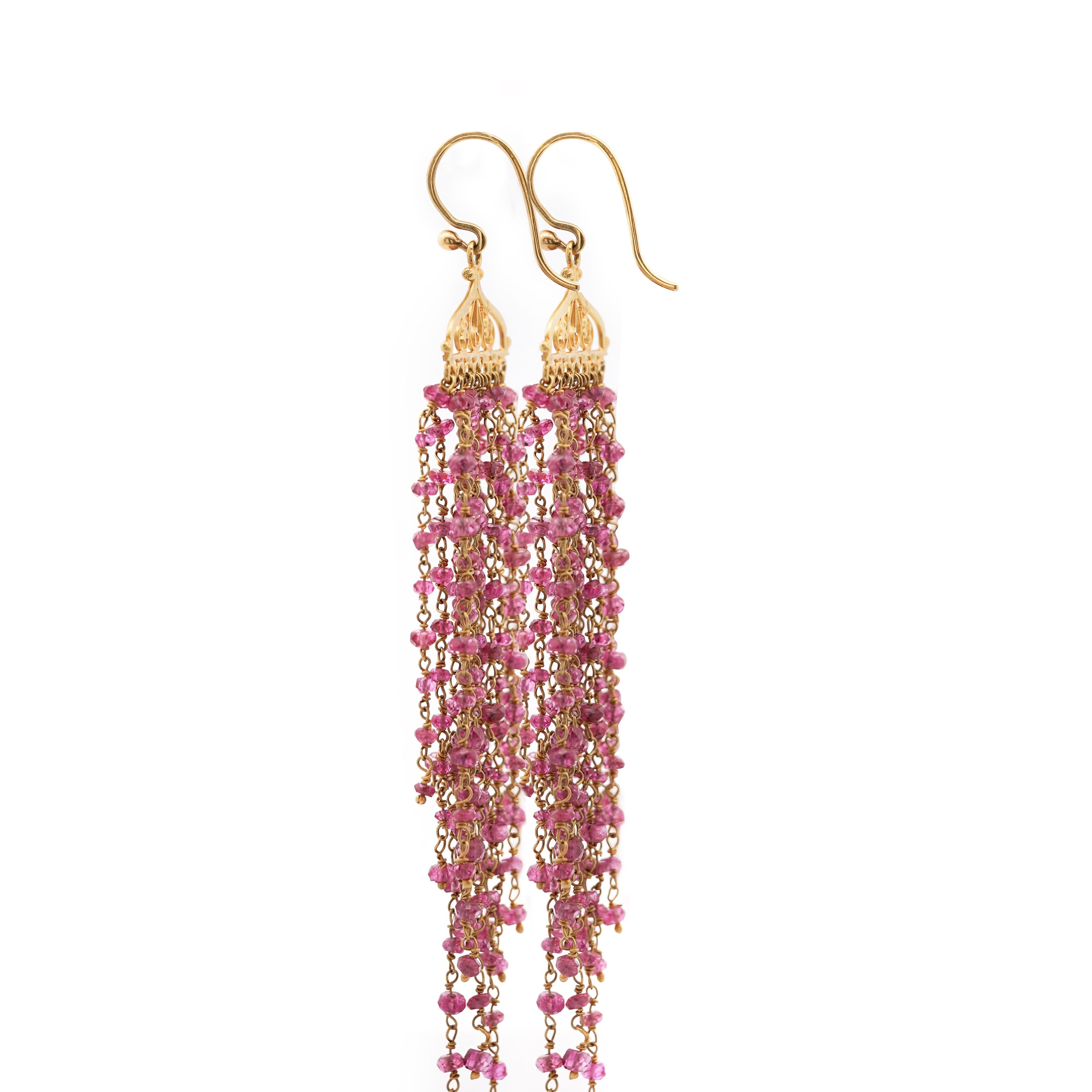 Vintage 22K Gold Pink Tourmaline Bead Indian Chandelier Drop Earrings For Sale 2
