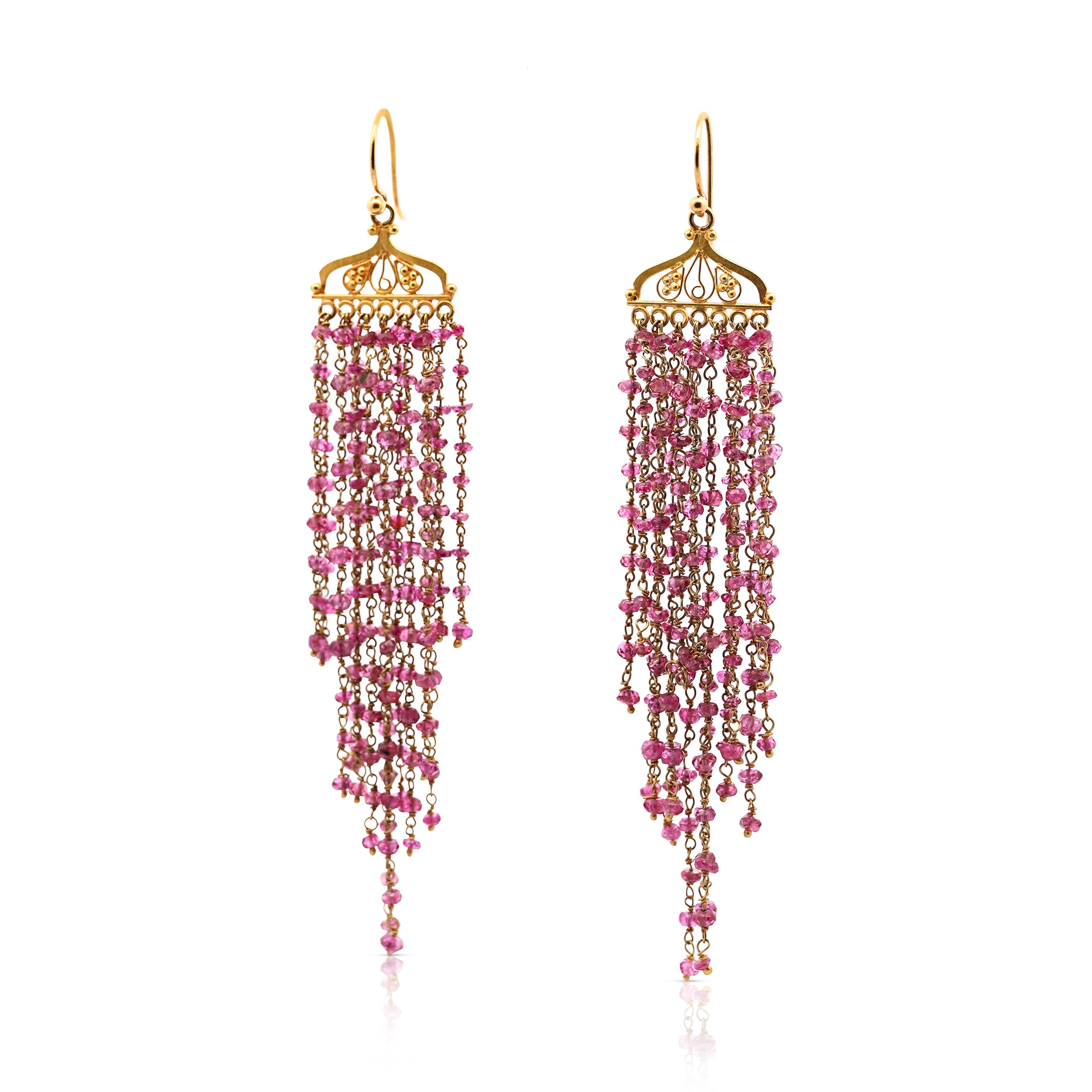 Vintage 22K Gold Pink Tourmaline Bead Indian Chandelier Drop Earrings For Sale 3
