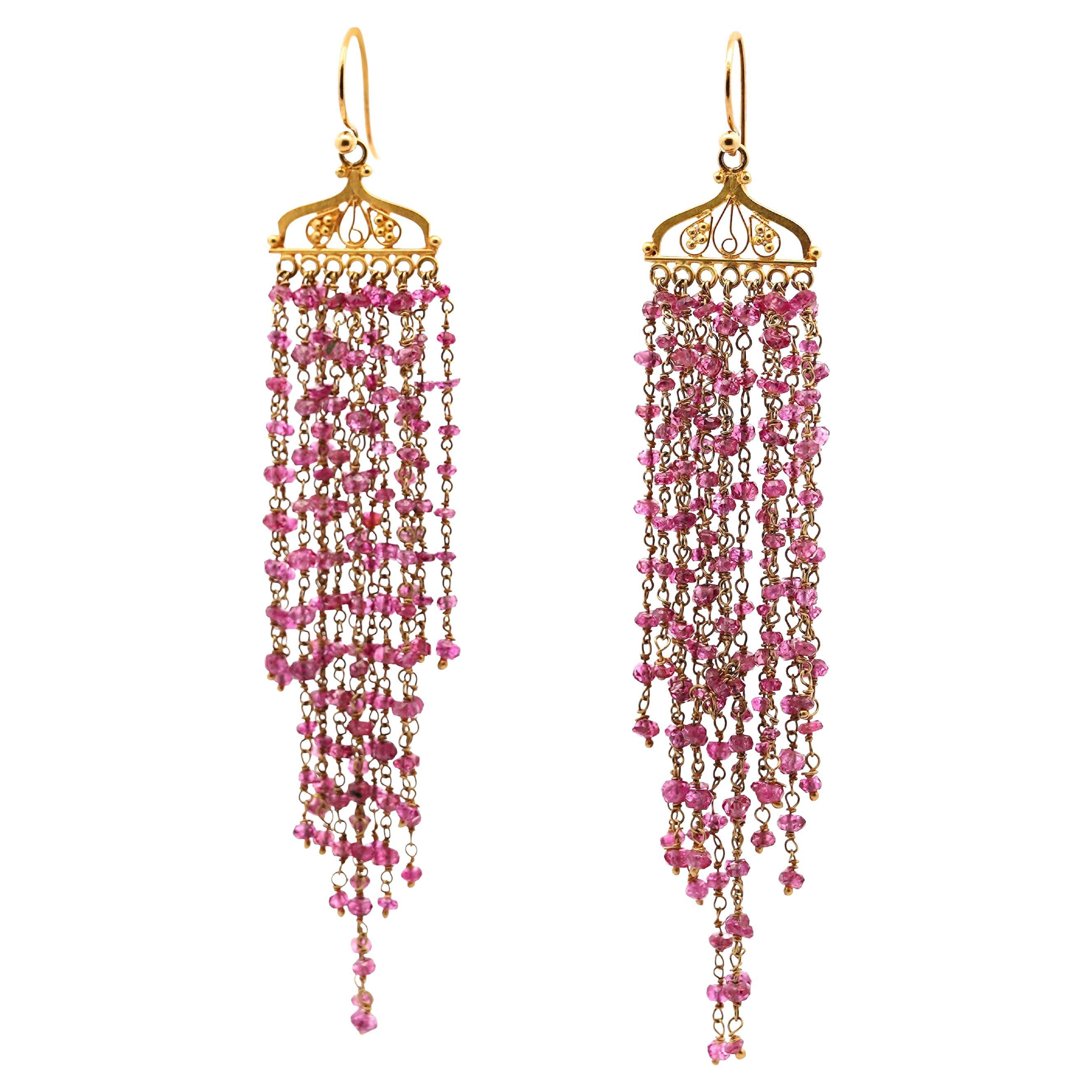 Vintage 22K Gold Pink Tourmaline Bead Indian Chandelier Drop Earrings