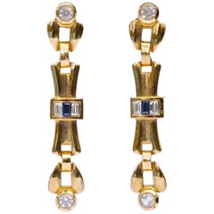 Vintage 22K Gold Plated Blue and Clear Rhinestones Dangle Earrings