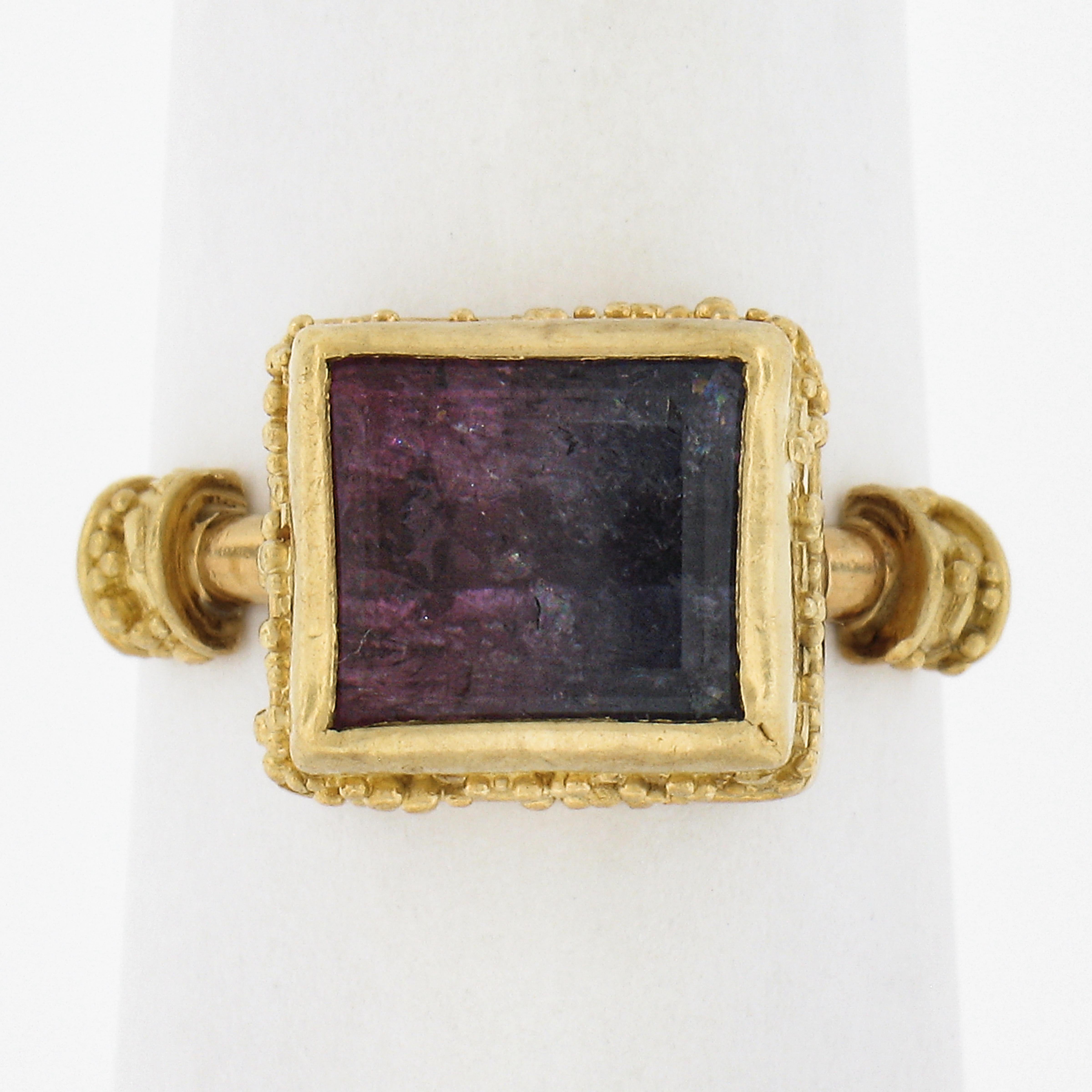--Stone(s):--
(1) Natural Genuine Watermelon Tourmaline - Rectangular Cut - Bezel Set - Green and Purplish-Pink Color - 8.9x7.2mm (approx.)

Material:	22k Solid Yellow Gold
Weight: 5.37 Grams
Ring Size: 6.0 (Fitted on a finger. We can custom size