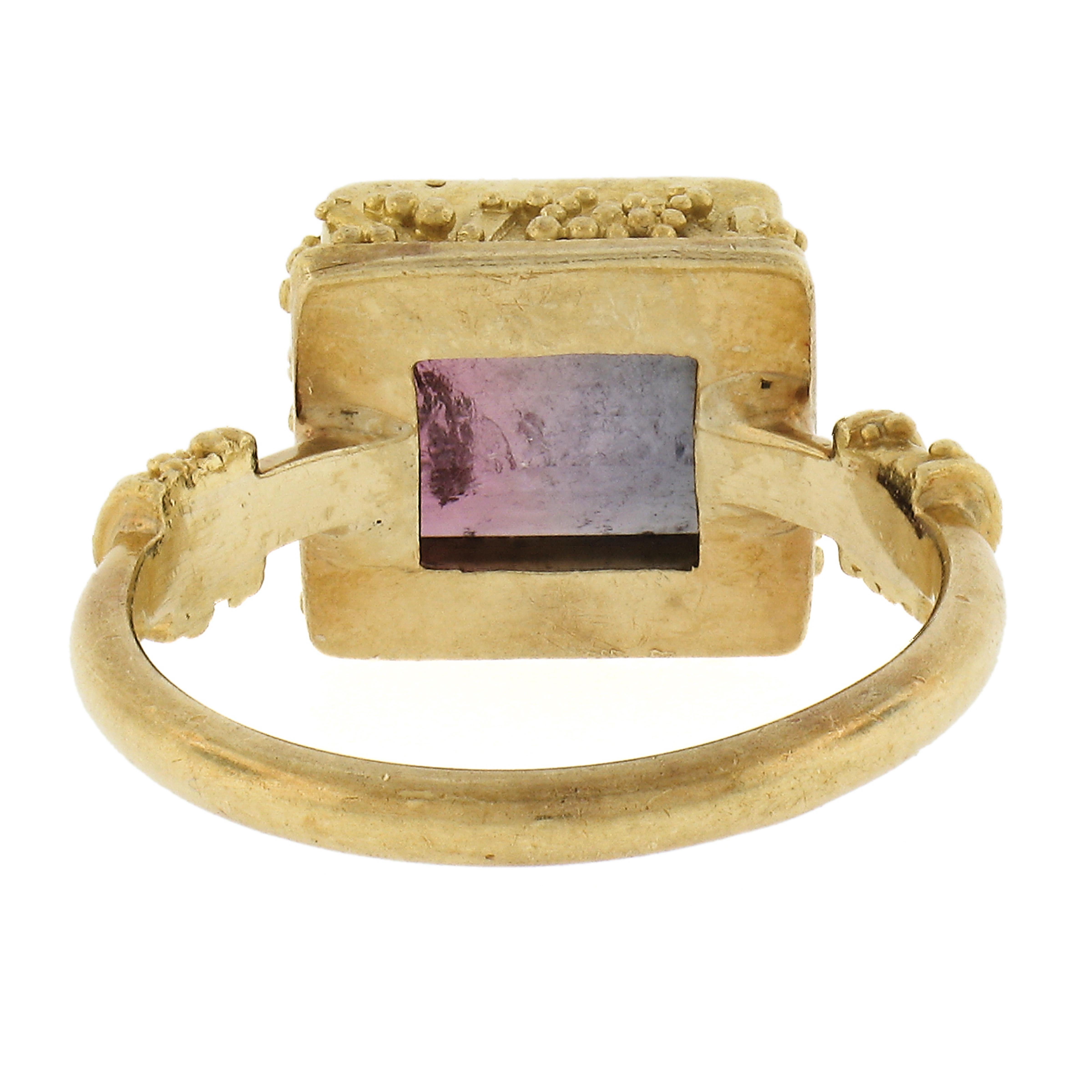 Vintage 22k Gold Rectangular Watermelon Tourmaline Etruscan Revival Bezel Ring For Sale 2