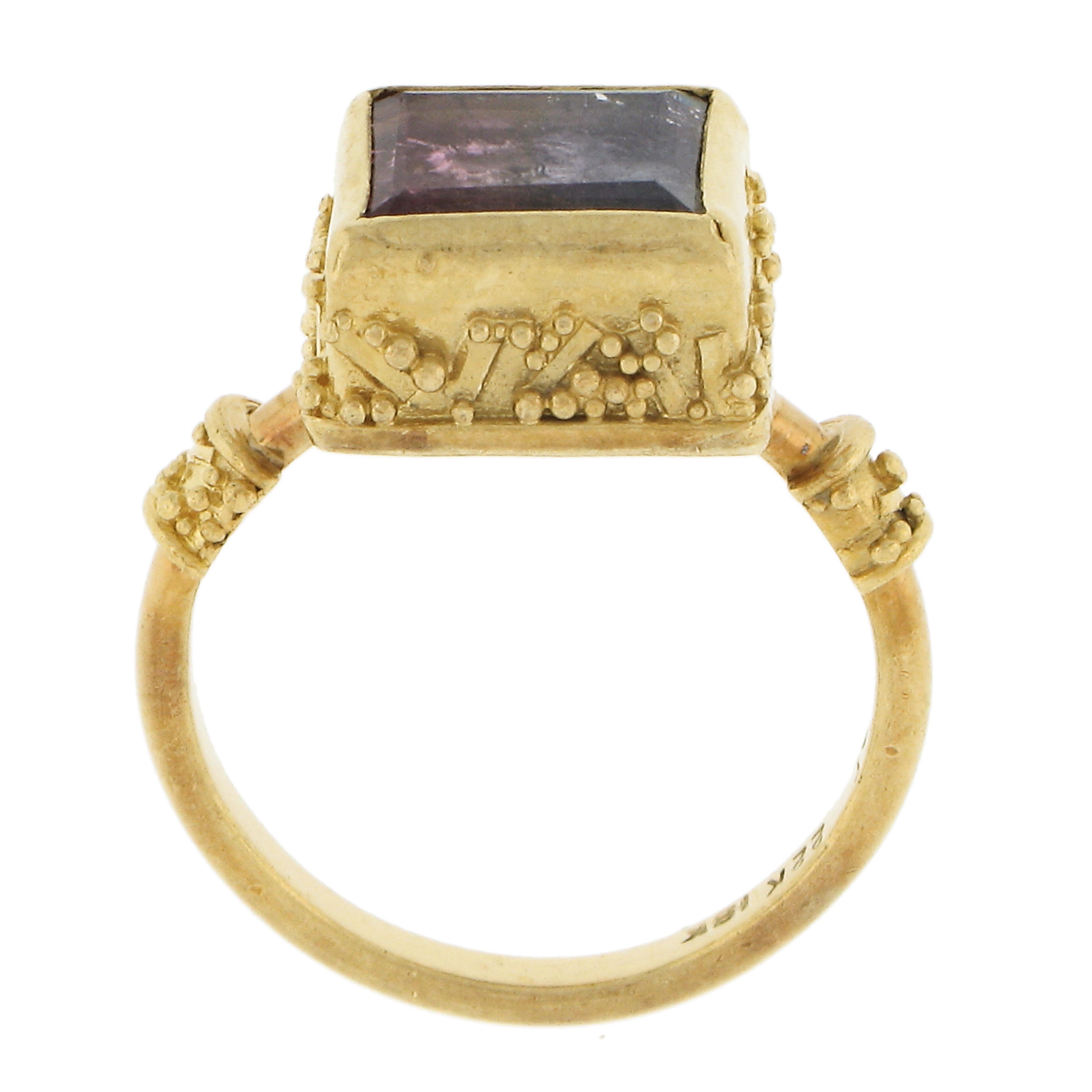 Vintage 22k Gold Rectangular Watermelon Tourmaline Etruscan Revival Bezel Ring For Sale 3
