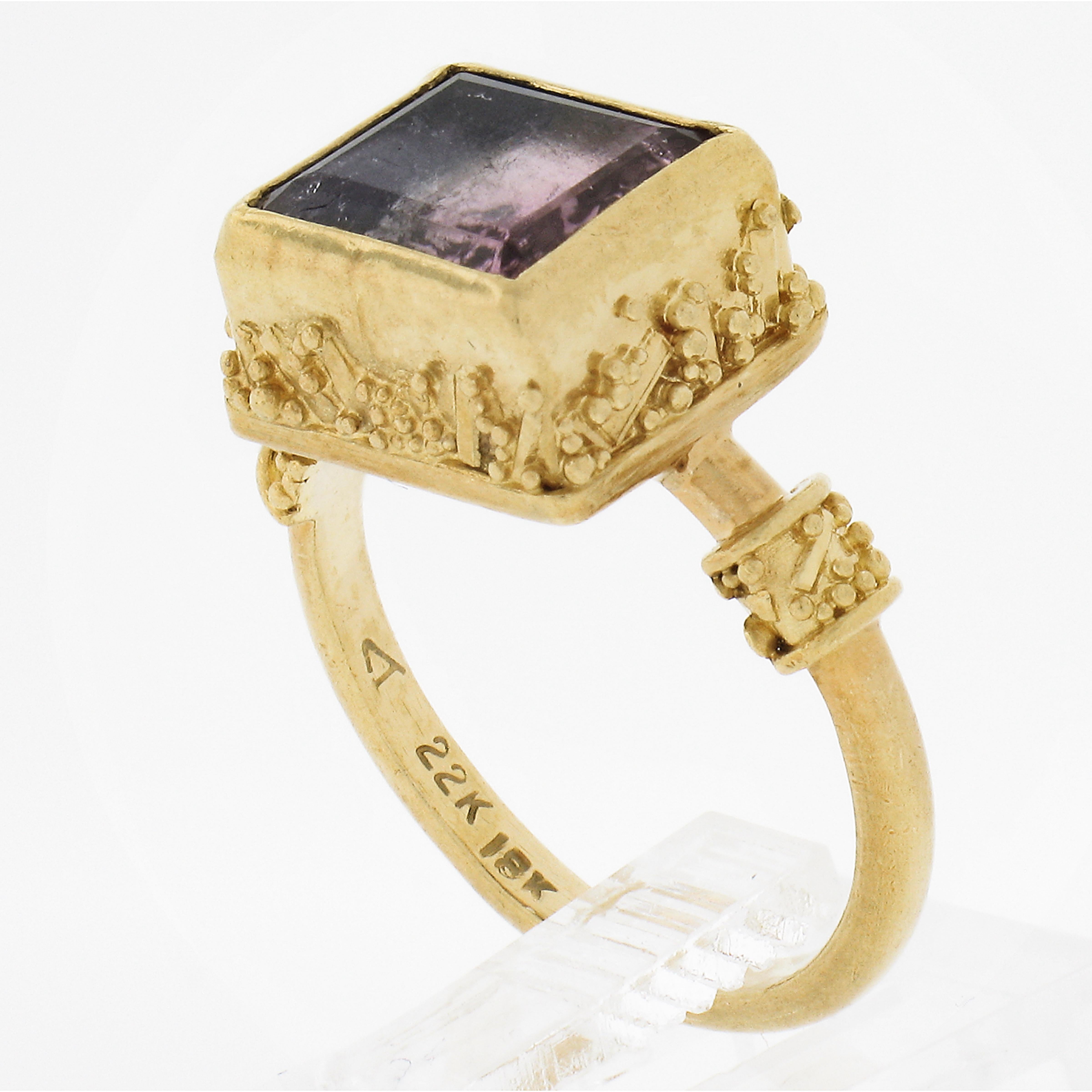 Vintage 22k Gold Rectangular Watermelon Tourmaline Etruscan Revival Bezel Ring For Sale 4
