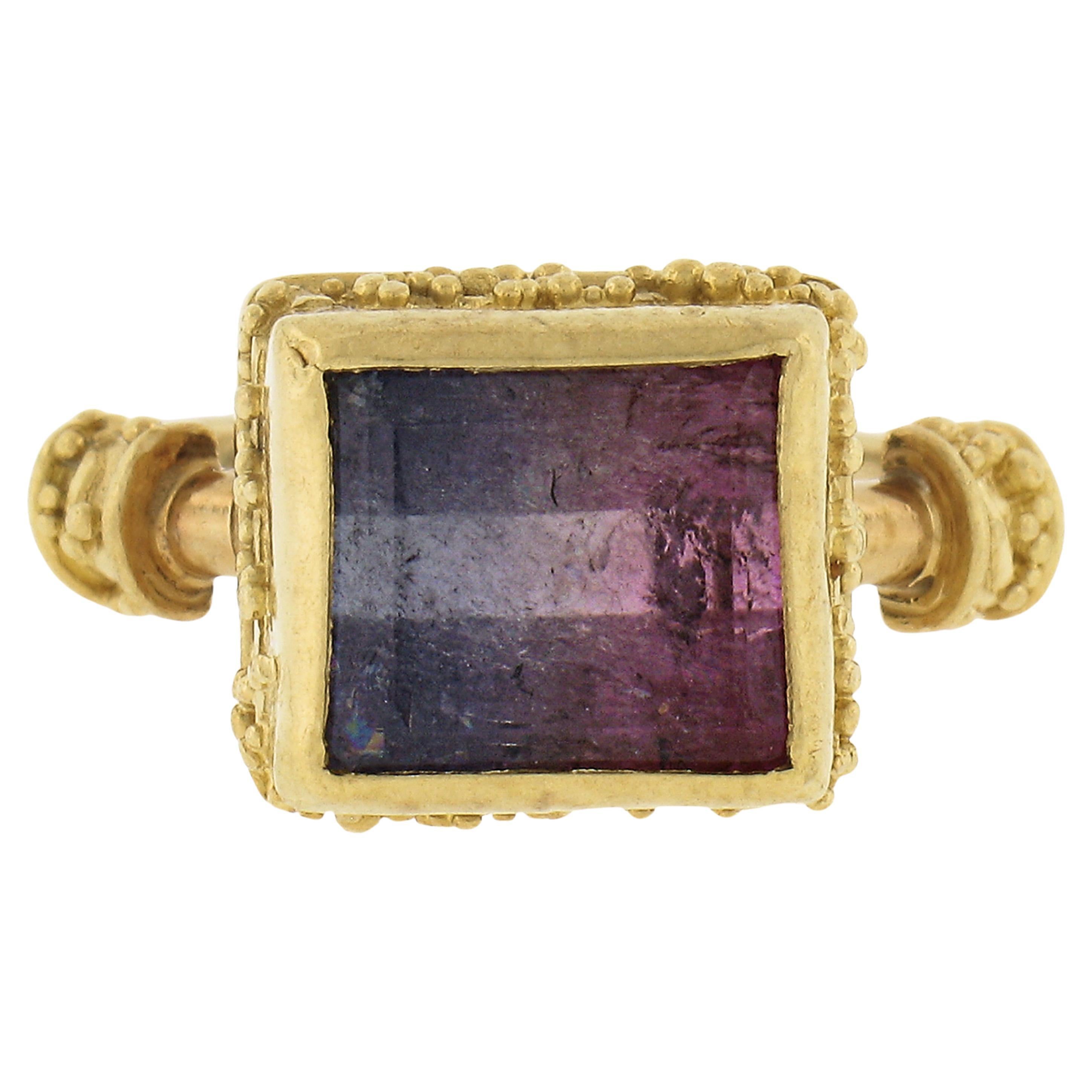 Vintage 22k Gold Rectangular Watermelon Tourmaline Etruscan Revival Bezel Ring For Sale