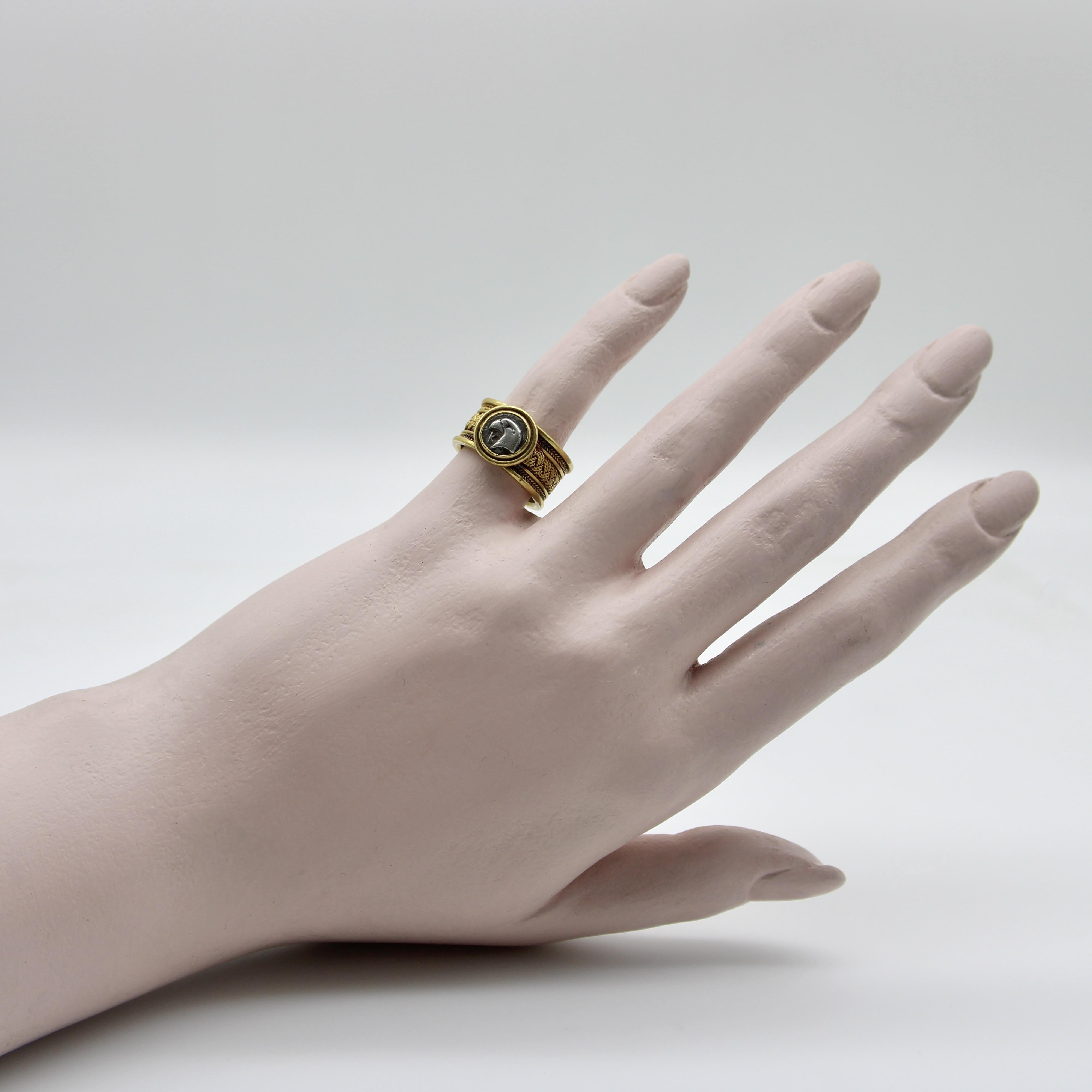 Vintage 22K Gold Wirework Ring with Ancient Silver Eagle Coin For Sale 5