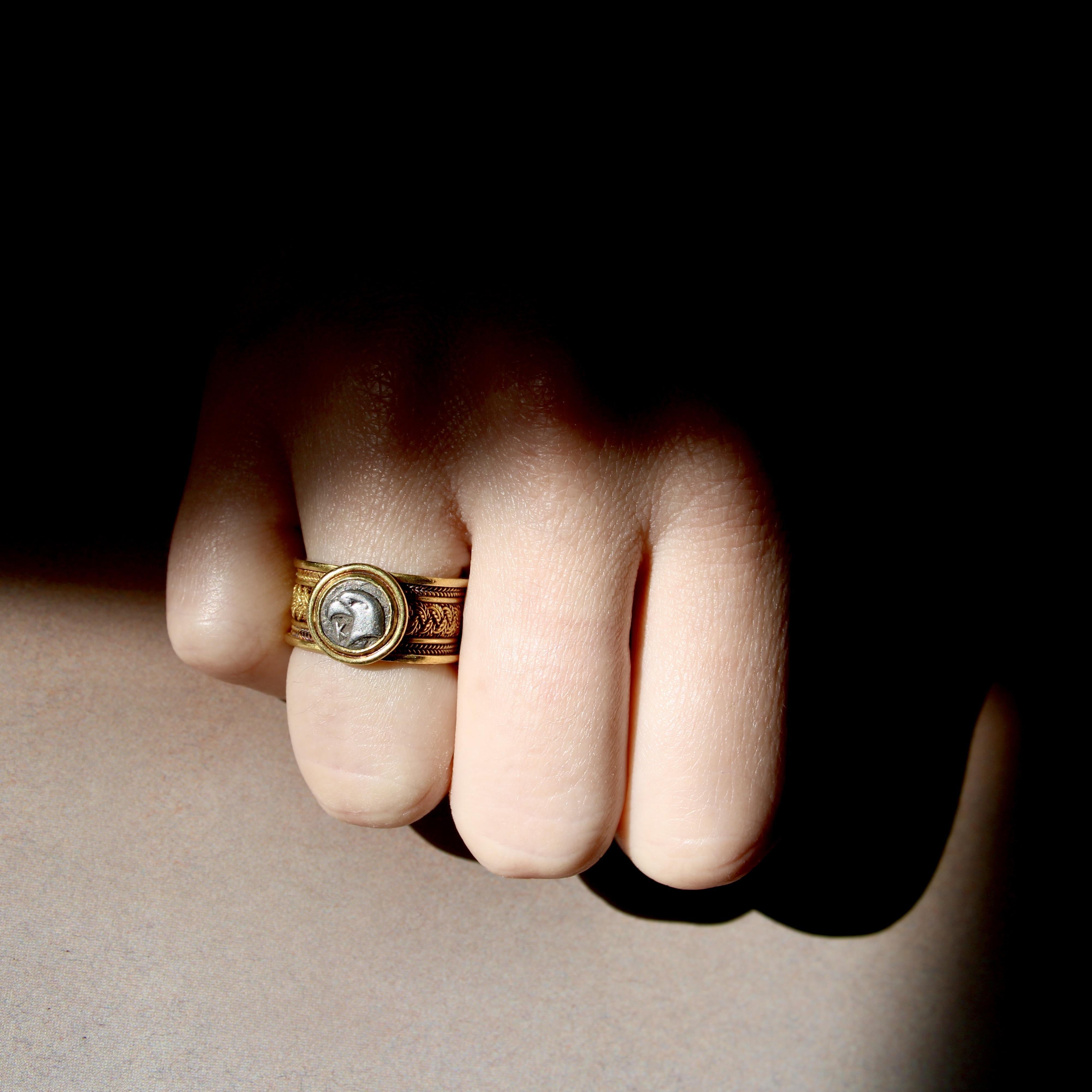 Vintage 22K Gold Wirework Ring with Ancient Silver Eagle Coin For Sale 6