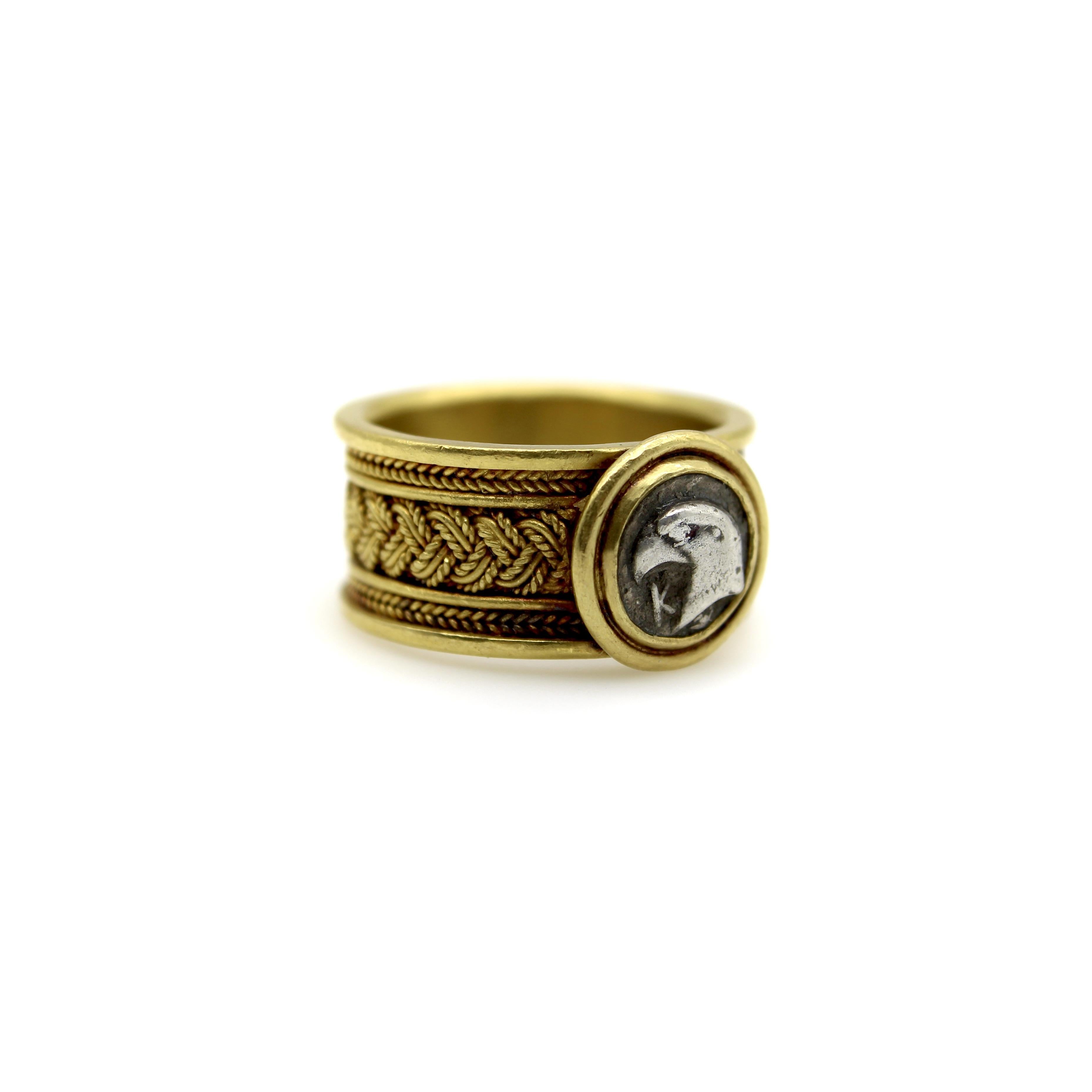 Modern Vintage 22K Gold Wirework Ring with Ancient Silver Eagle Coin For Sale