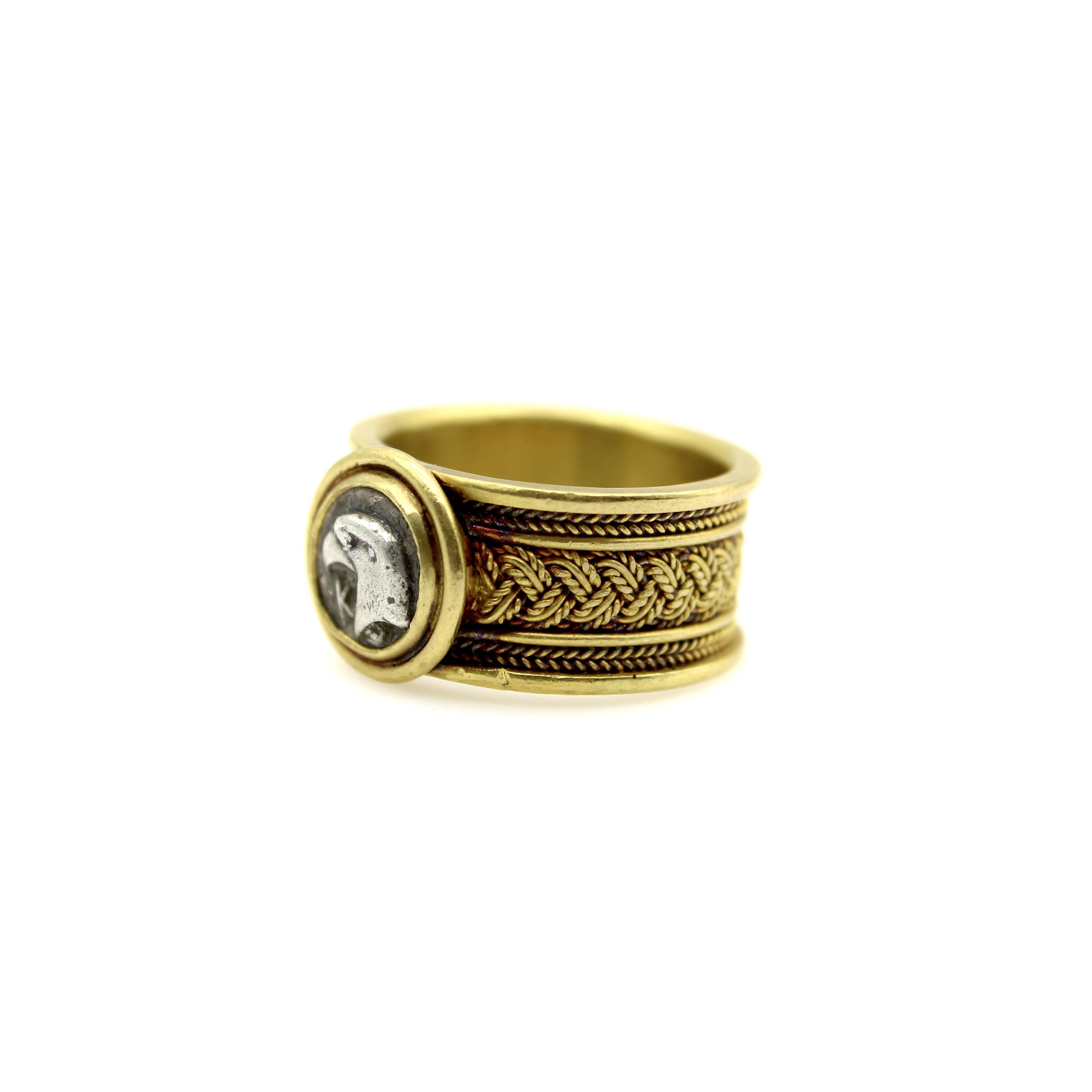 Vintage 22K Gold Wirework Ring with Ancient Silver Eagle Coin For Sale 2