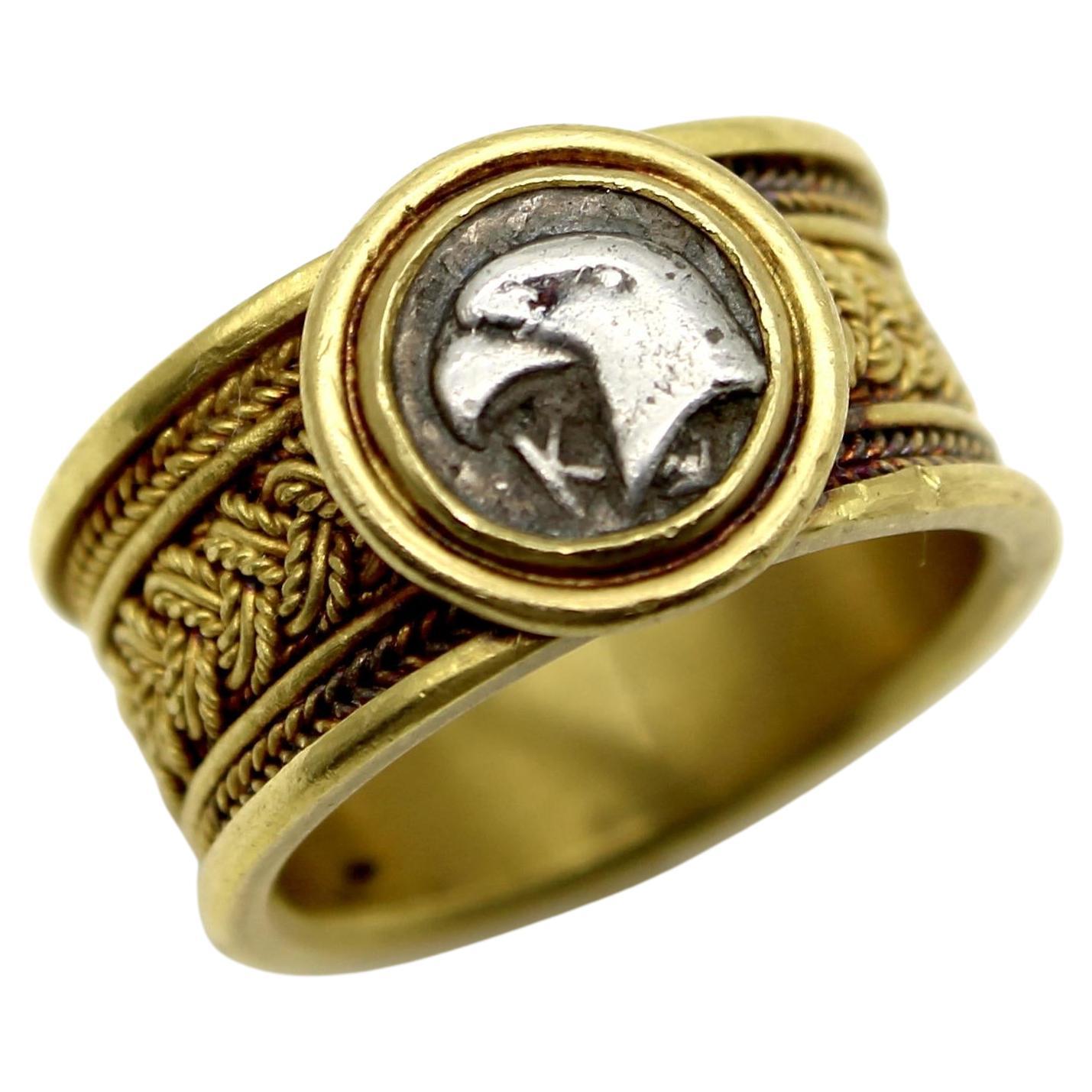 Vintage 22K Gold Wirework Ring with Ancient Silver Eagle Coin