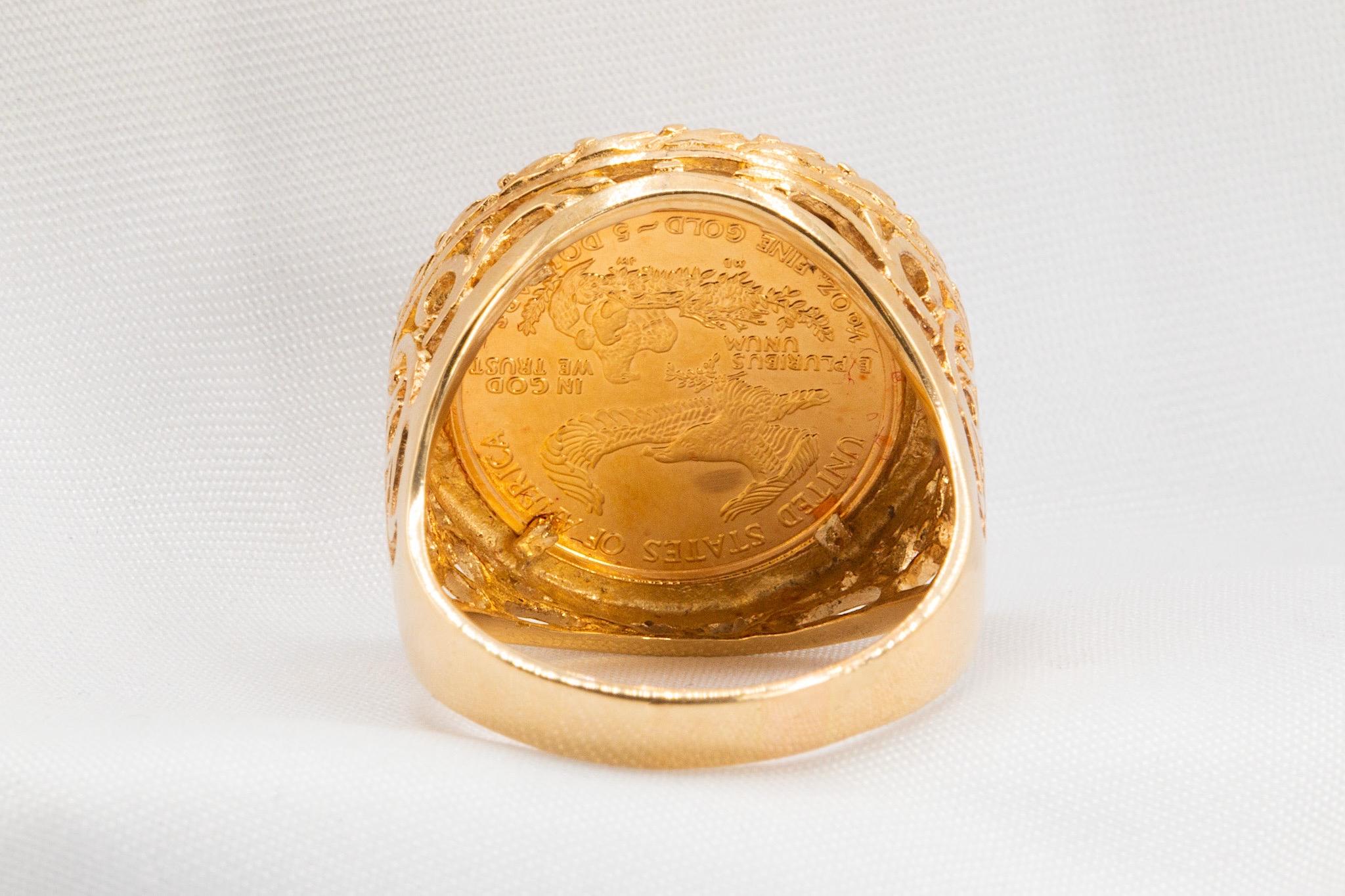 Femenino o masculino Anillo con montura de oro amarillo de 14 quilates Vintage 22K Liberty 1/10oz Coin