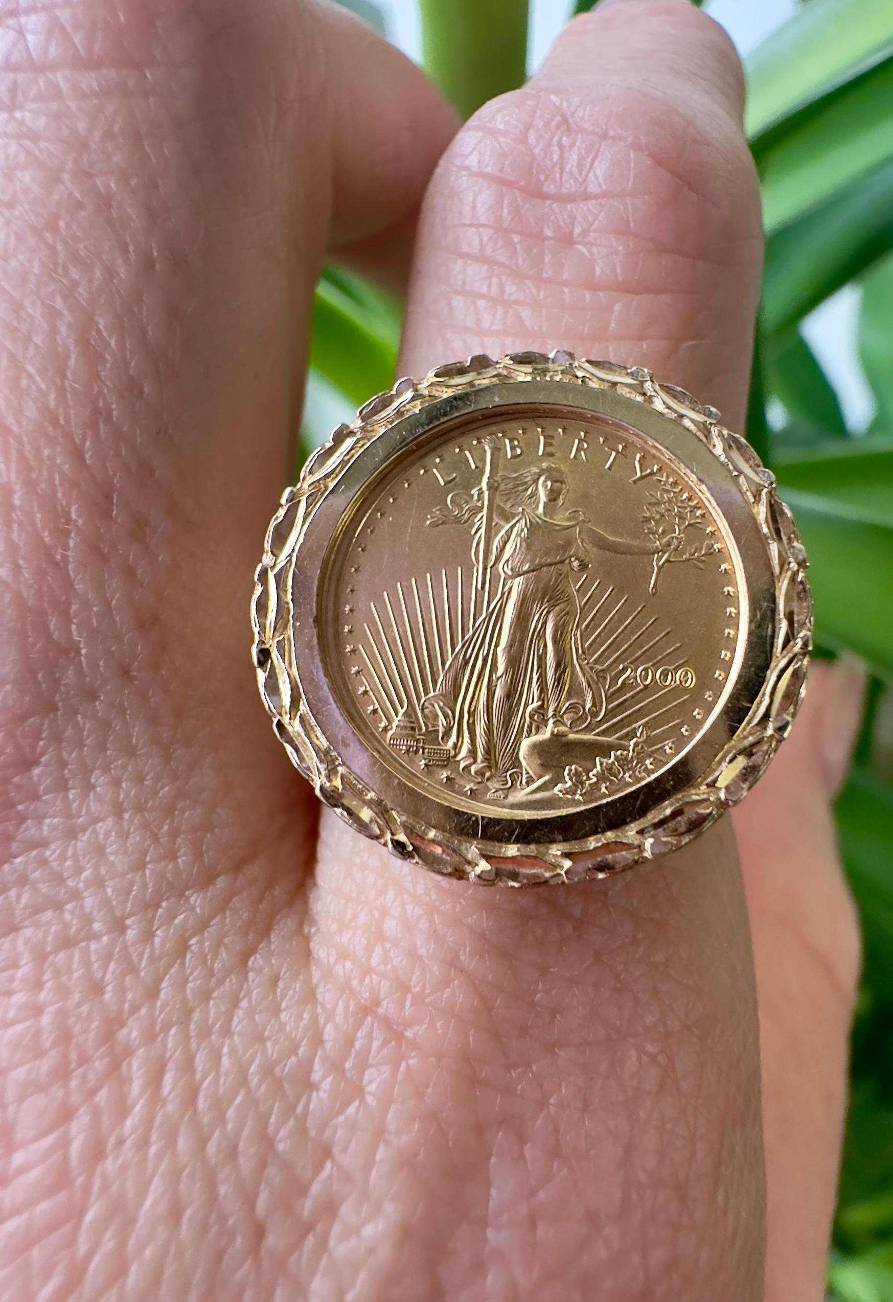 Anillo con montura de oro amarillo de 14 quilates Vintage 22K Liberty 1/10oz Coin 1