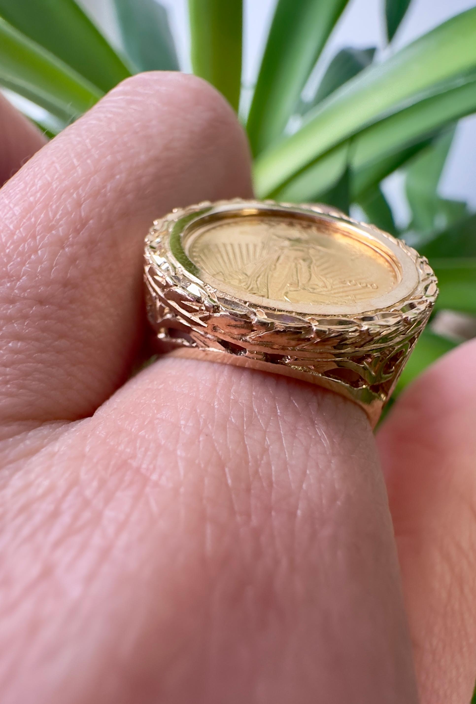 Anillo con montura de oro amarillo de 14 quilates Vintage 22K Liberty 1/10oz Coin 2