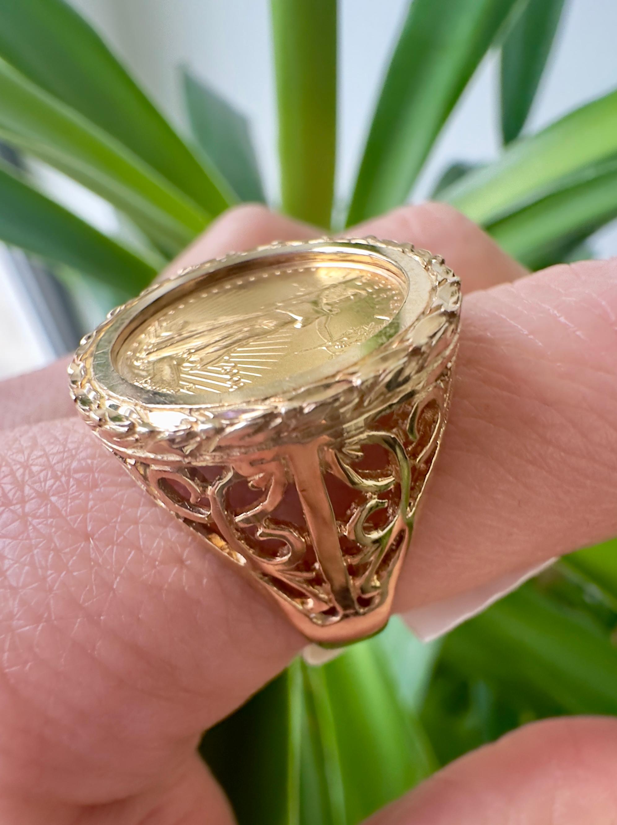 Anillo con montura de oro amarillo de 14 quilates Vintage 22K Liberty 1/10oz Coin 3