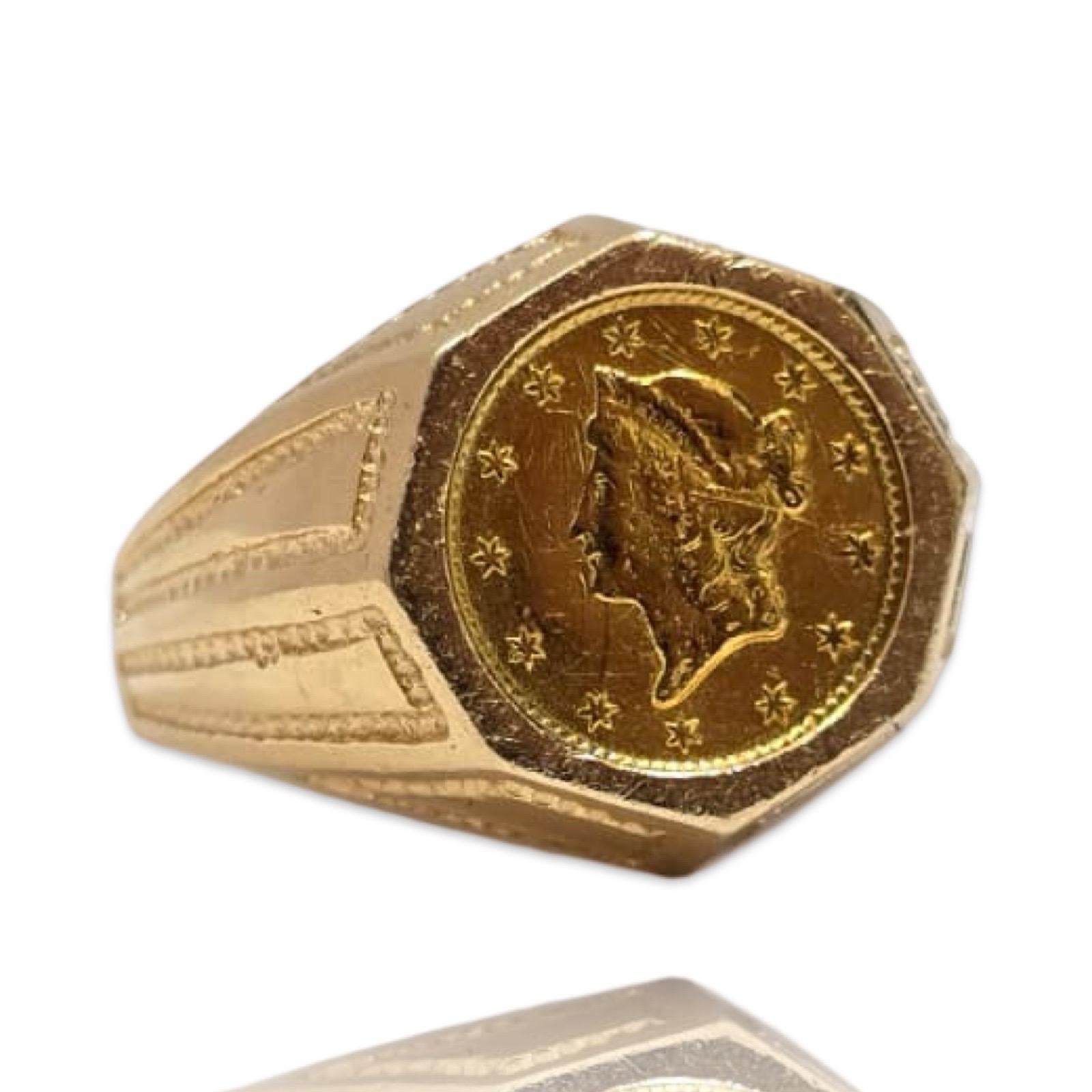 Anello con sigillo in oro 14 carati con moneta Liberty Head d'epoca a 22 carati In condizioni buone in vendita a Miami, FL