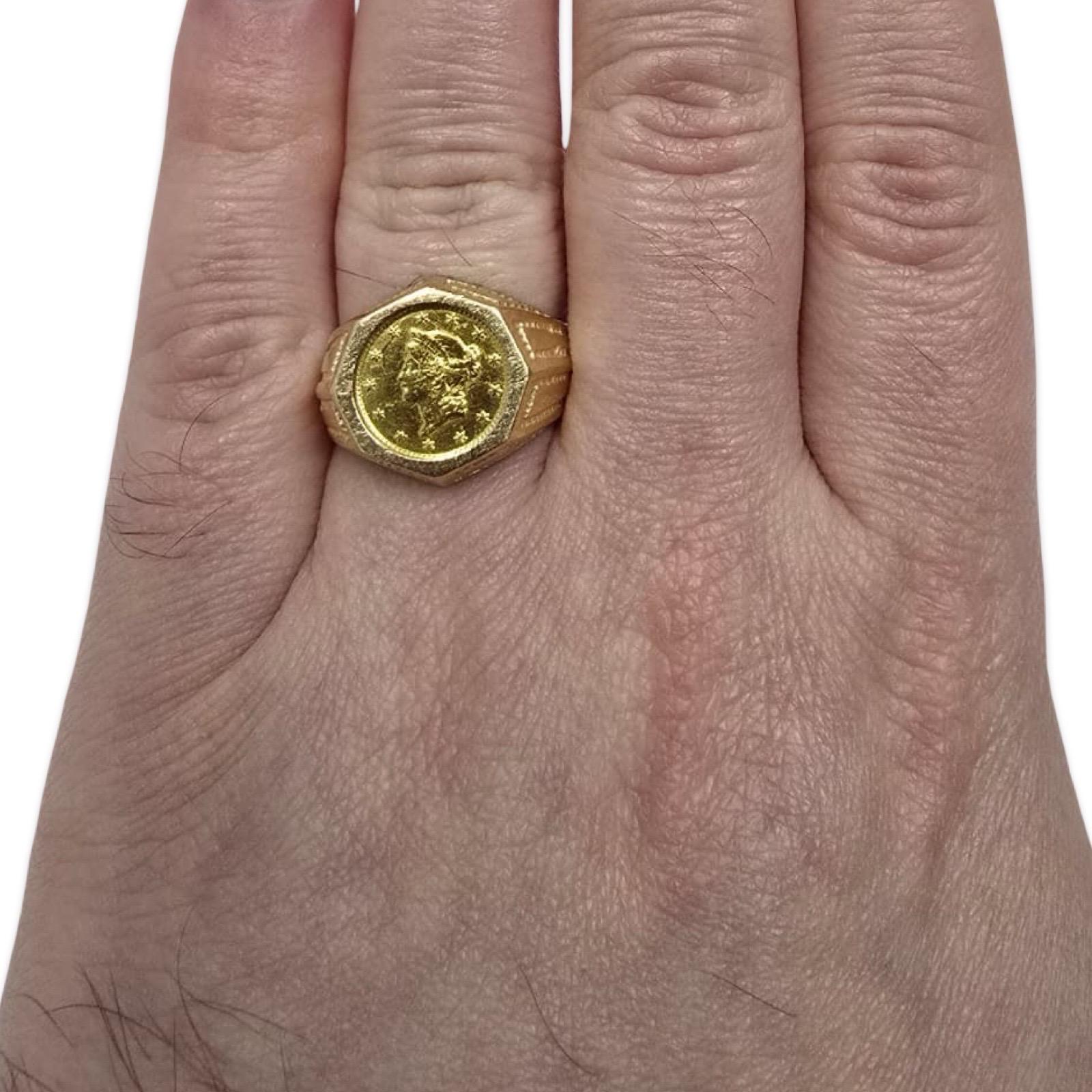 Anello con sigillo in oro 14 carati con moneta Liberty Head d'epoca a 22 carati in vendita 2