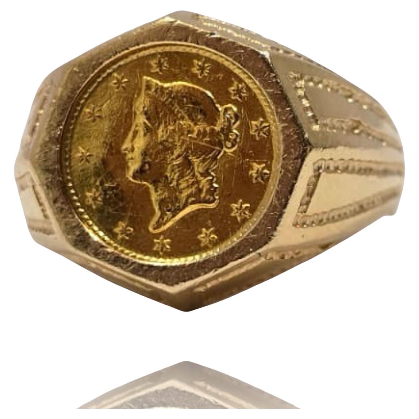 Vintage 22K Liberty Head Coin en or 14K Signet Ring