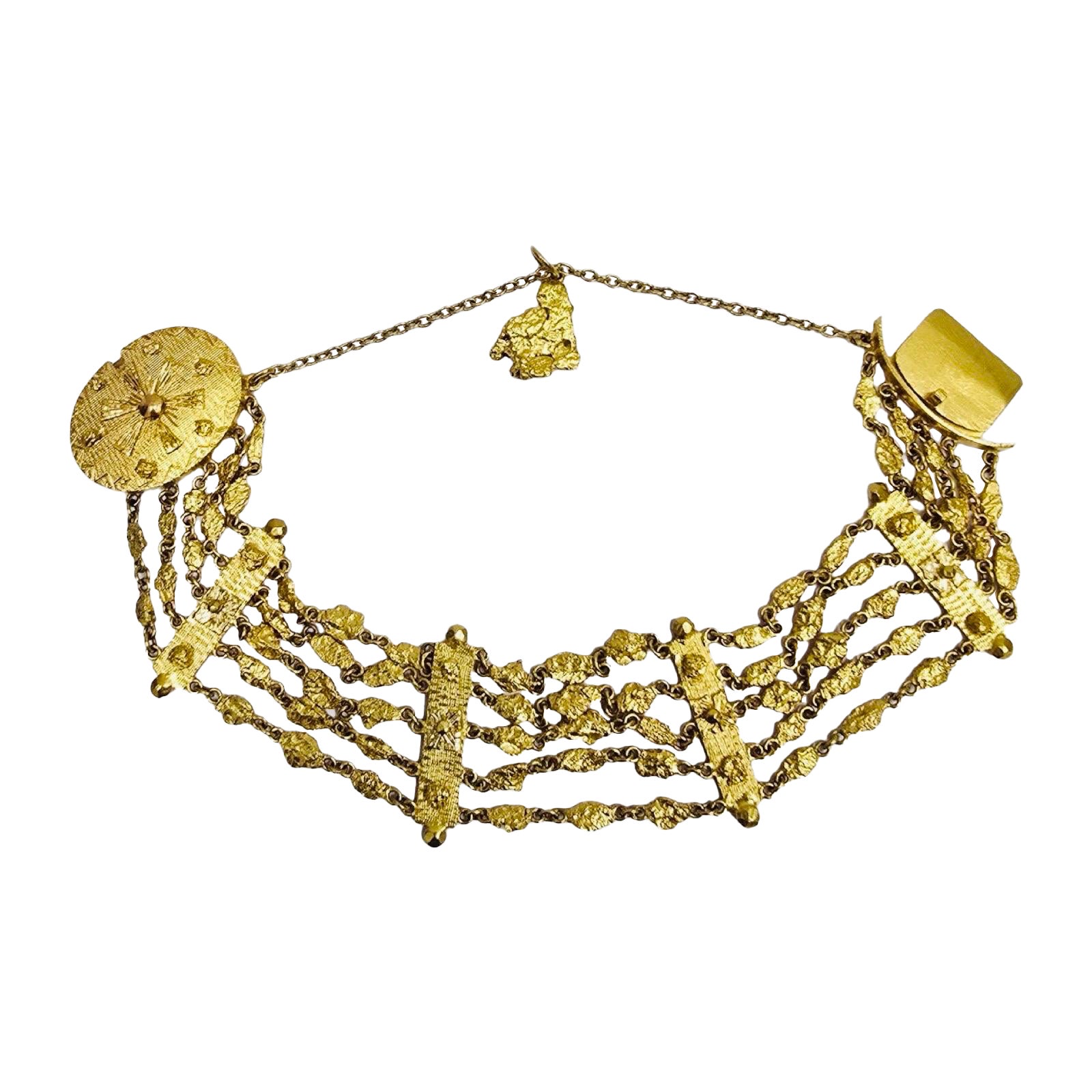 Vintage 22K Nubian Revival Multi-Strand Gold Bracelet with Textured Medallion For Sale