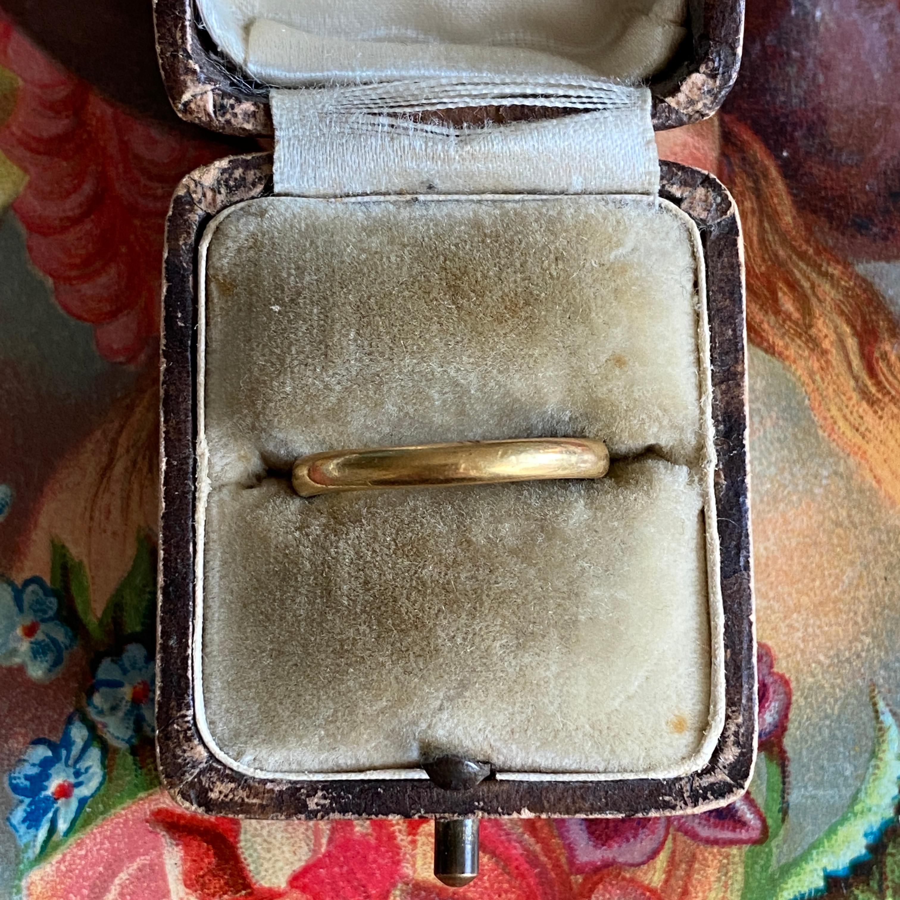 Details:
Vintage wedding band in buttery 22K yellow gold! It is so lovely, and soft. It has a rounded fit, and is very comfortable on your hand. This band would pair nicely with a diamond band or another 22K ring! The ring has hallmarks on the