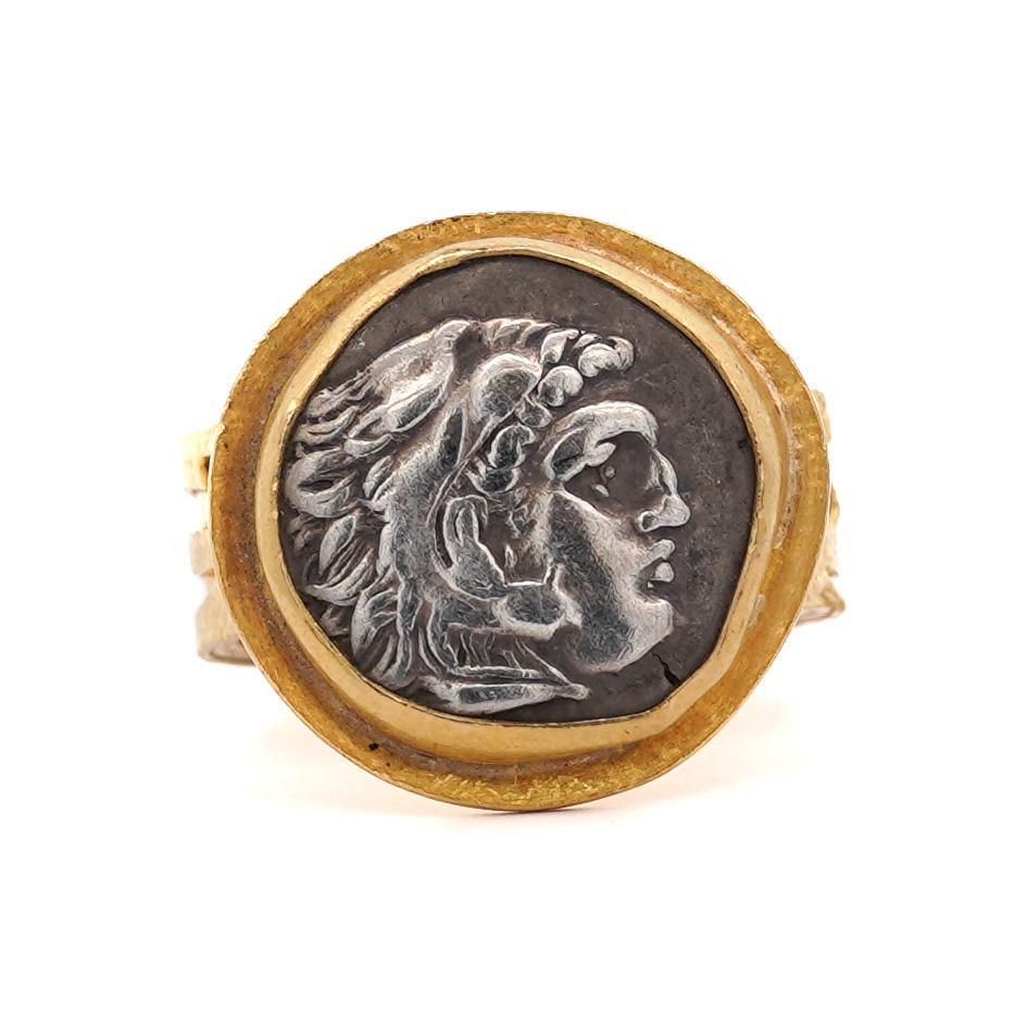 Hellenistic Vintage 22K Yellow Gold Alexander III the Great Antique Roman Coin Ring For Sale