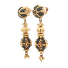 Vintage 22k Yellow Gold Black Enamel & Beading Work Dangle Tassel Earrings