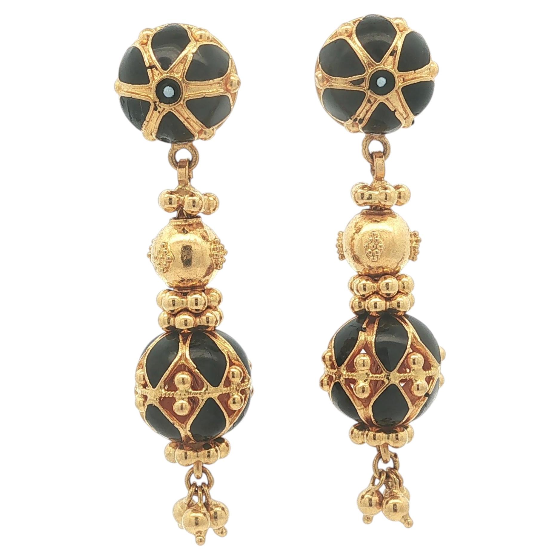 Vintage 22k Yellow Gold Black Enamel & Beading Work Dangle Tassel Earrings For Sale