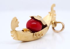 Vintage 22k Yellow Gold Boat Pendant with Red Chalcedony Bead
