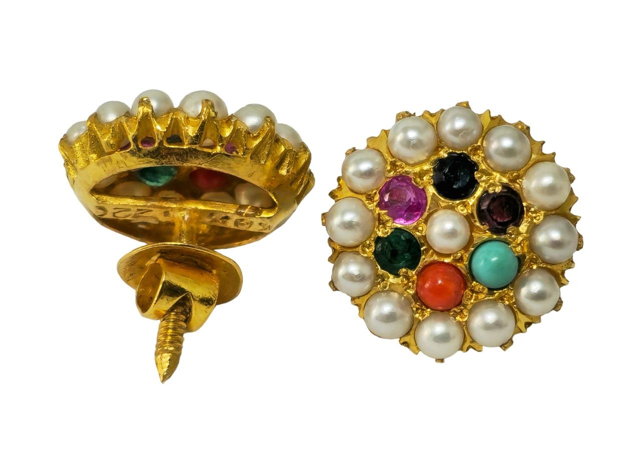 Medieval Vintage 22k Yellow Gold Pearl, Emerald and Sapphire Earrings For Sale