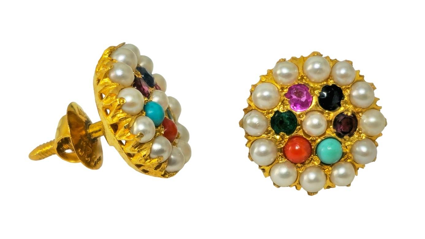 Round Cut Vintage 22k Yellow Gold Pearl, Emerald and Sapphire Earrings For Sale