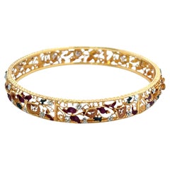 Vintage 22k Yellow Gold Purple Enamel and Silver Bead Design Bangle Bracelet