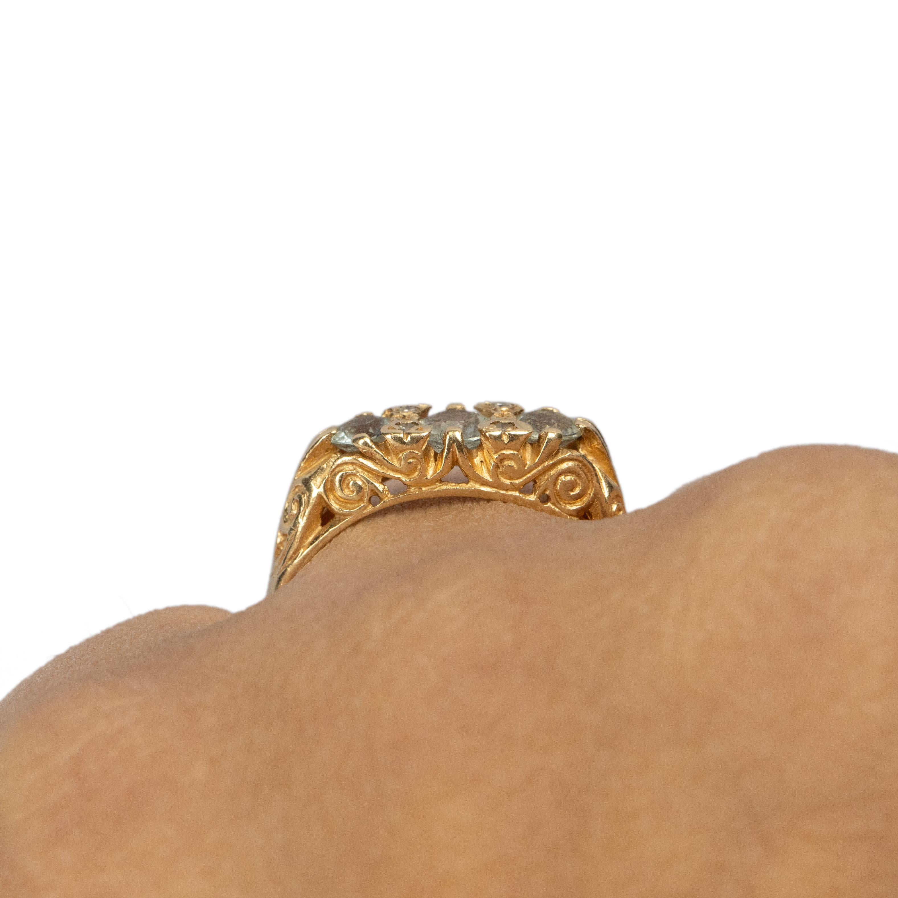 Vintage 14K Yellow Gold Three Stone Ring with Aquamarine Gems and Filigree Eng. 2