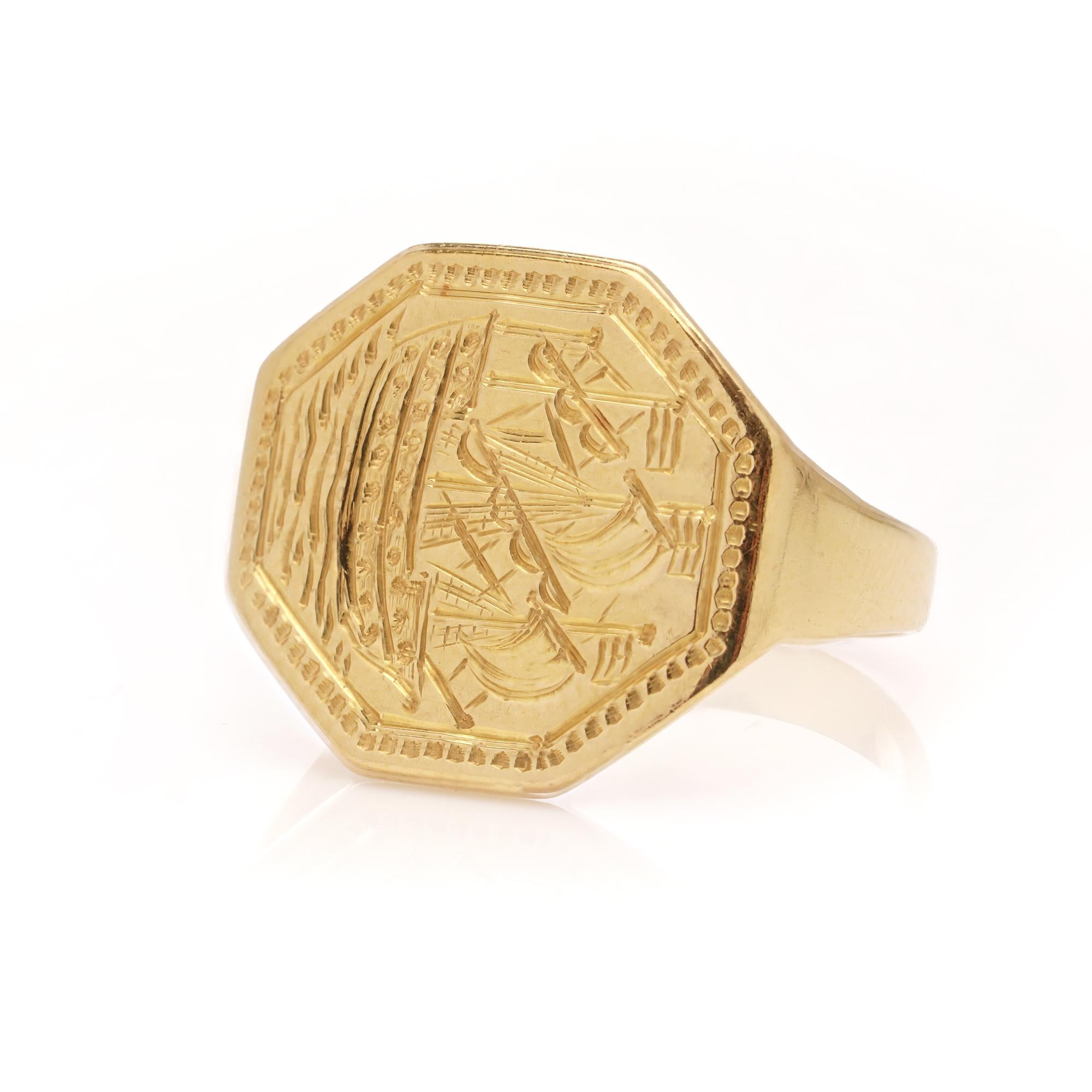 Vintage 22kt. yellow gold signet ring featuring the man-of-war ship For Sale 6