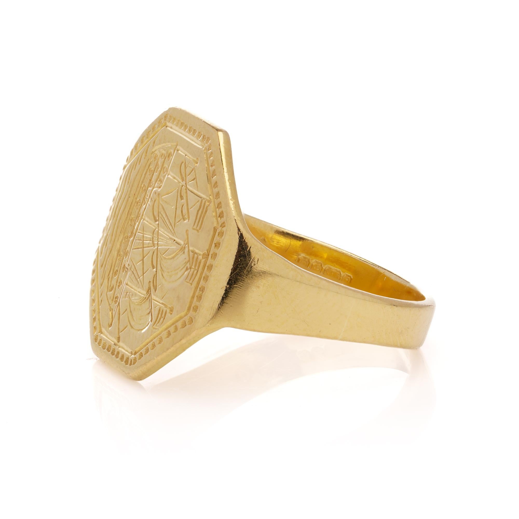 Vintage 22kt. yellow gold signet ring featuring the man-of-war ship For Sale 4