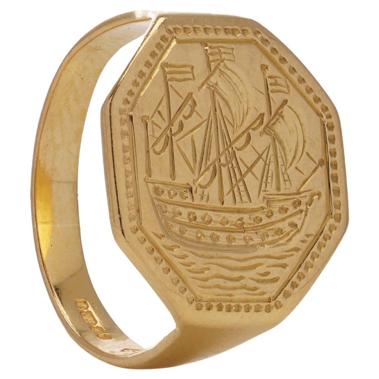 Vintage 22kt. yellow gold signet ring featuring the man-of-war ship For Sale