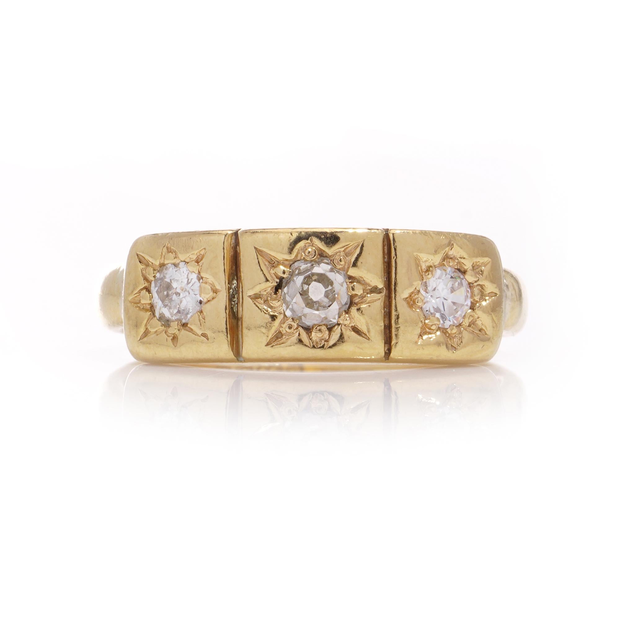 Old European Cut Vintage 22kt Yellow Gold Three-Stone Diamond Ring For Sale