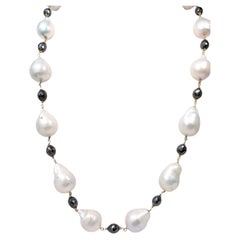 Vintage 23" Black Diamond (53.00ct) & Freshwater Pearl Necklace in 14KY Gold
