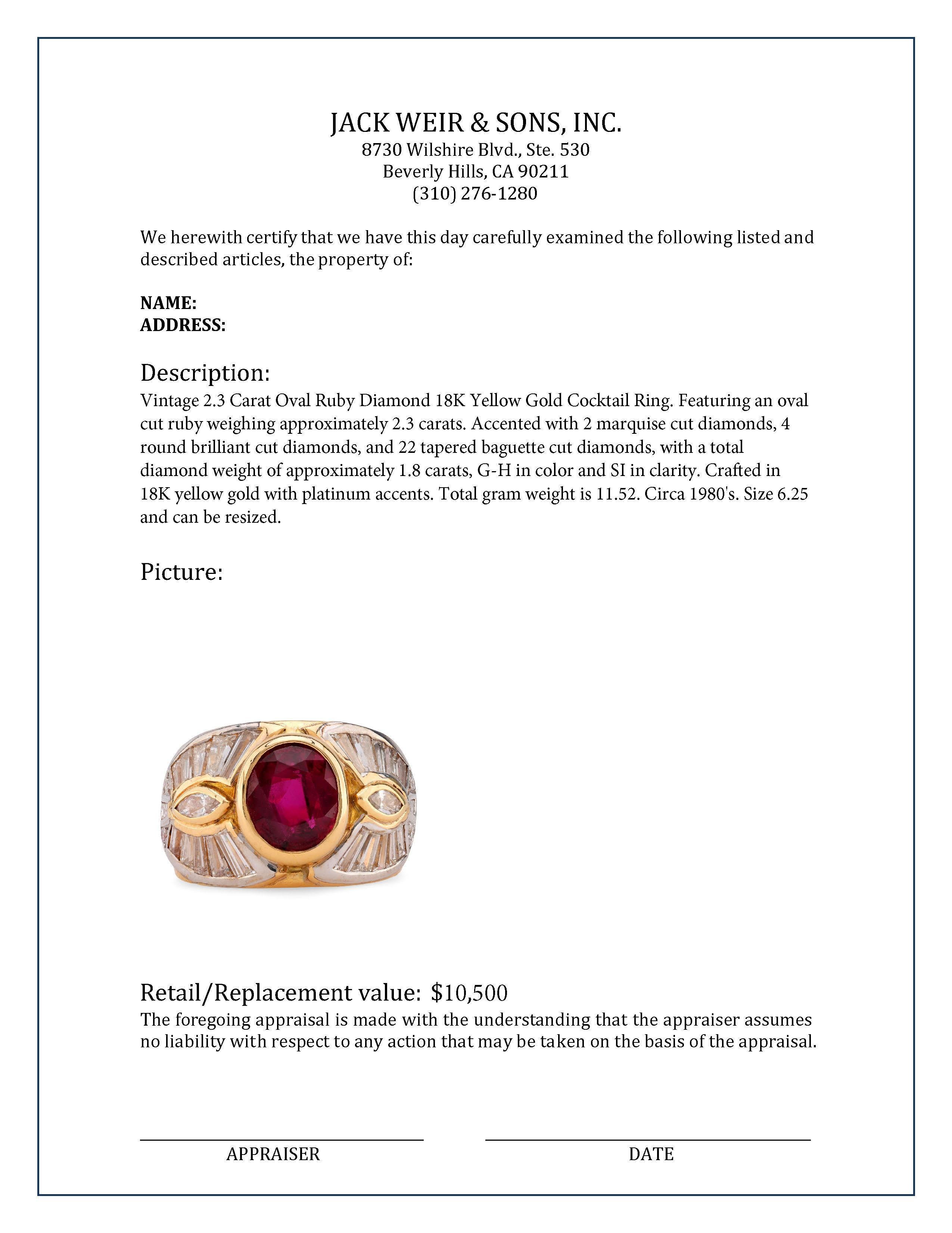 Cocktailring aus 18 Karat Gelbgold mit 2,3 Karat ovalem Rubin und Diamant im Zustand „Hervorragend“ in Beverly Hills, CA