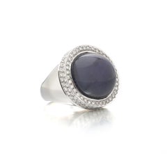 Vintage 23 Carat Sapphire Cabochon and Diamond Dome Ring, 18KT White Gold