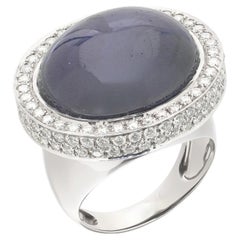 Vintage 23 Carat Sapphire Cabochon and Diamond Dome Ring, 18KT White Gold