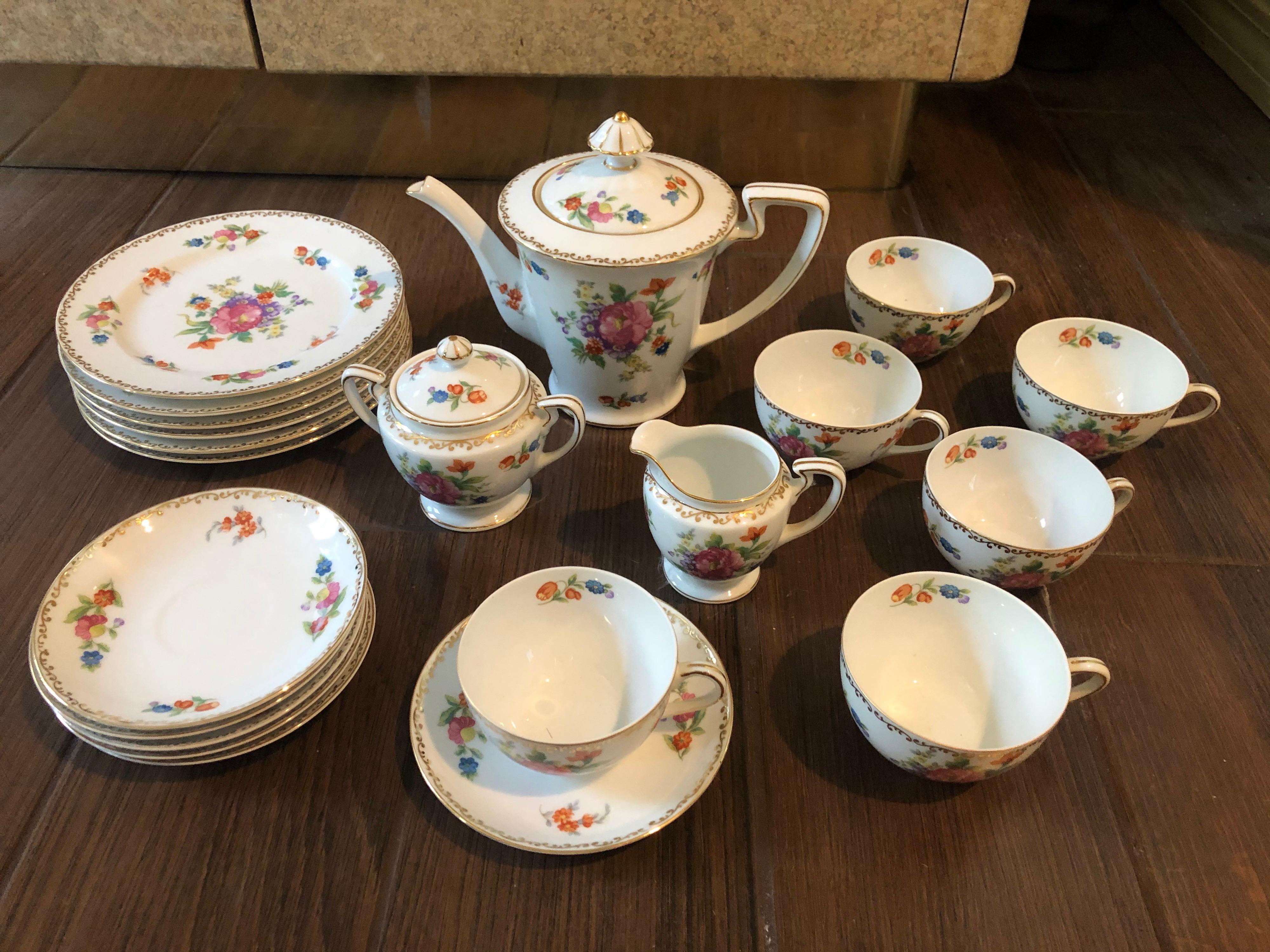 This vintage set is the highly sought after Dresdlina pattern hand painted china by Noritake. It is classic and know for it’s beautiful floral design with painted gold trim. From a vintage Palm Springs estate, it is in amazing condition and possibly