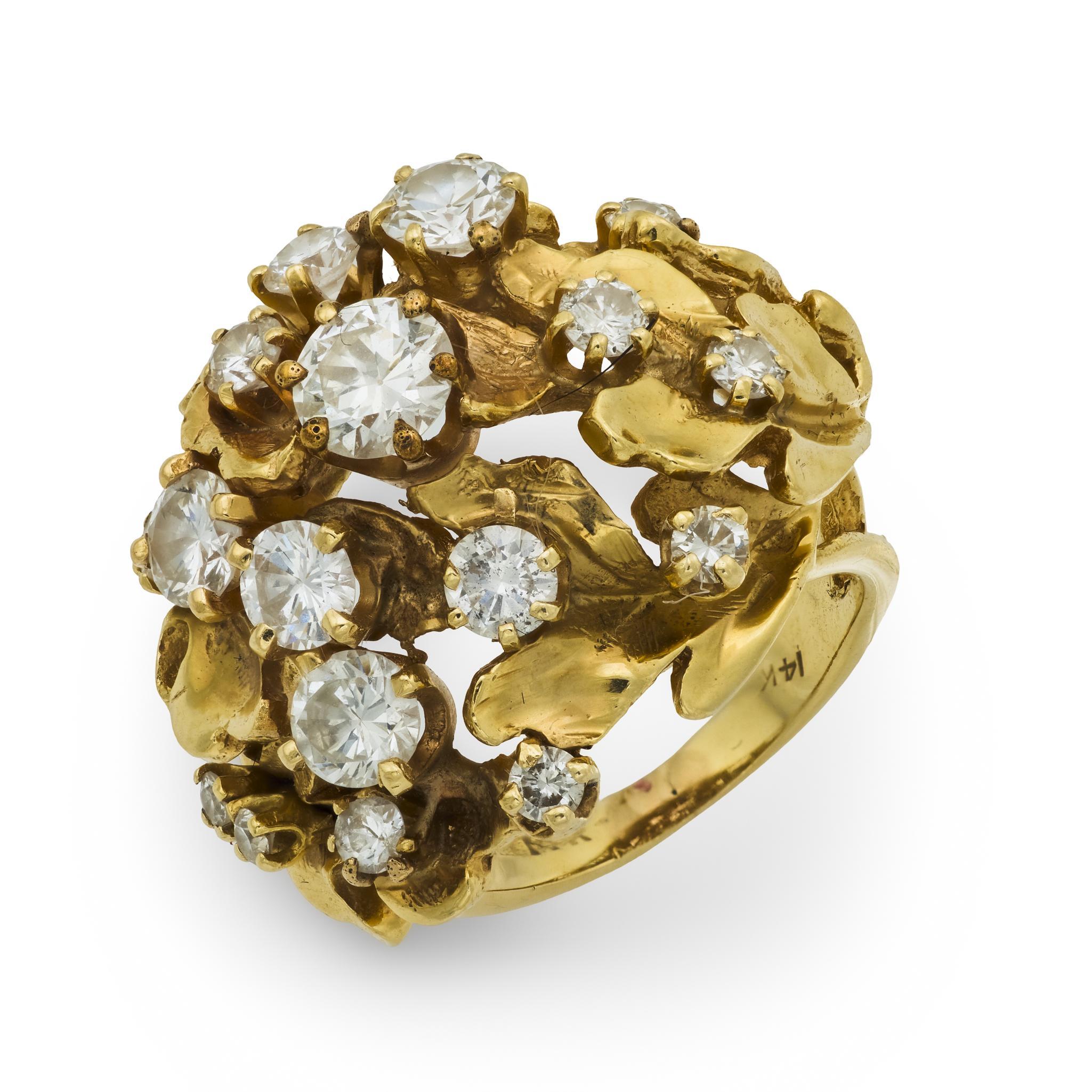 Bague de cocktail vintage en or jaune 14k avec un diamant de 2,30 carats