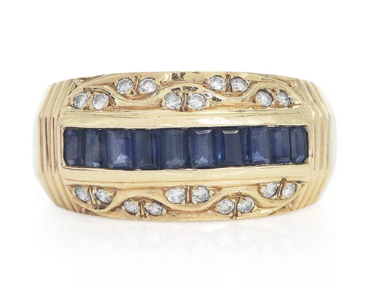 Vintage Diamond Sapphire 18K Yellow Gold Channel Cluster Band Ring

Metal Type: 18K Yellow Gold
Total Item Weight approx: 10.0 Grams
Top Measures approx: 22mm x 10mm
Ring Size approx: 6.25 (Sizable)
1. Gemstone: Genuine Diamond
Number of Stones: