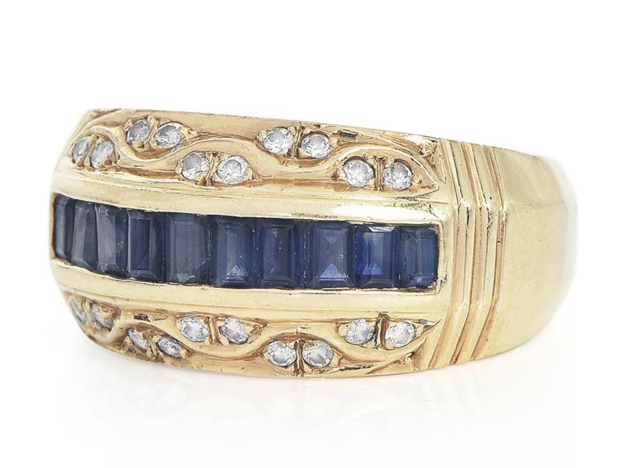 Baguette Cut Vintage 2.30 Carat Diamond Sapphire 18K Yellow Gold Channel Cluster Band Ring For Sale
