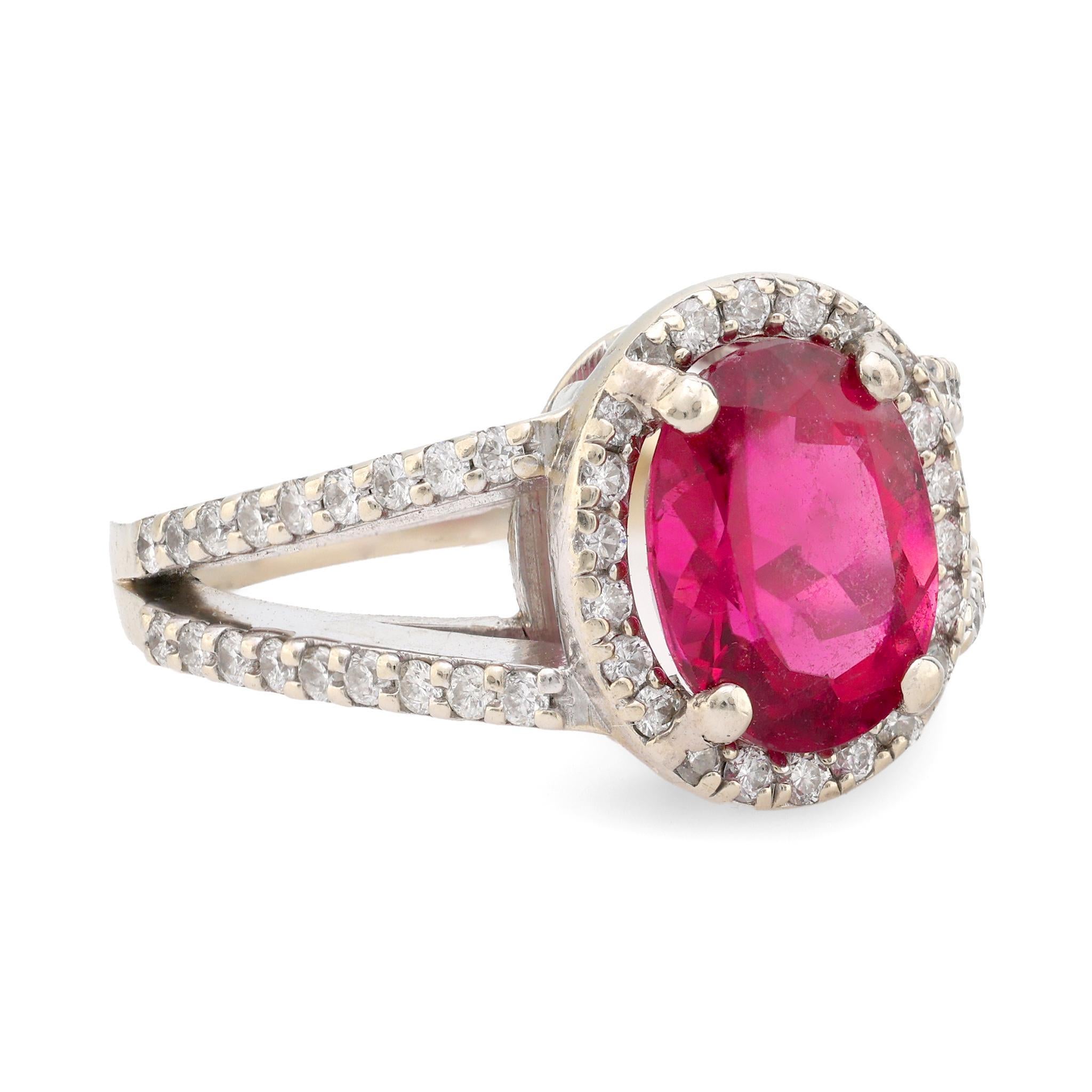 Moderne Bague vintage 2.30 carat tourmaline rose diamant 14k or blanc pave